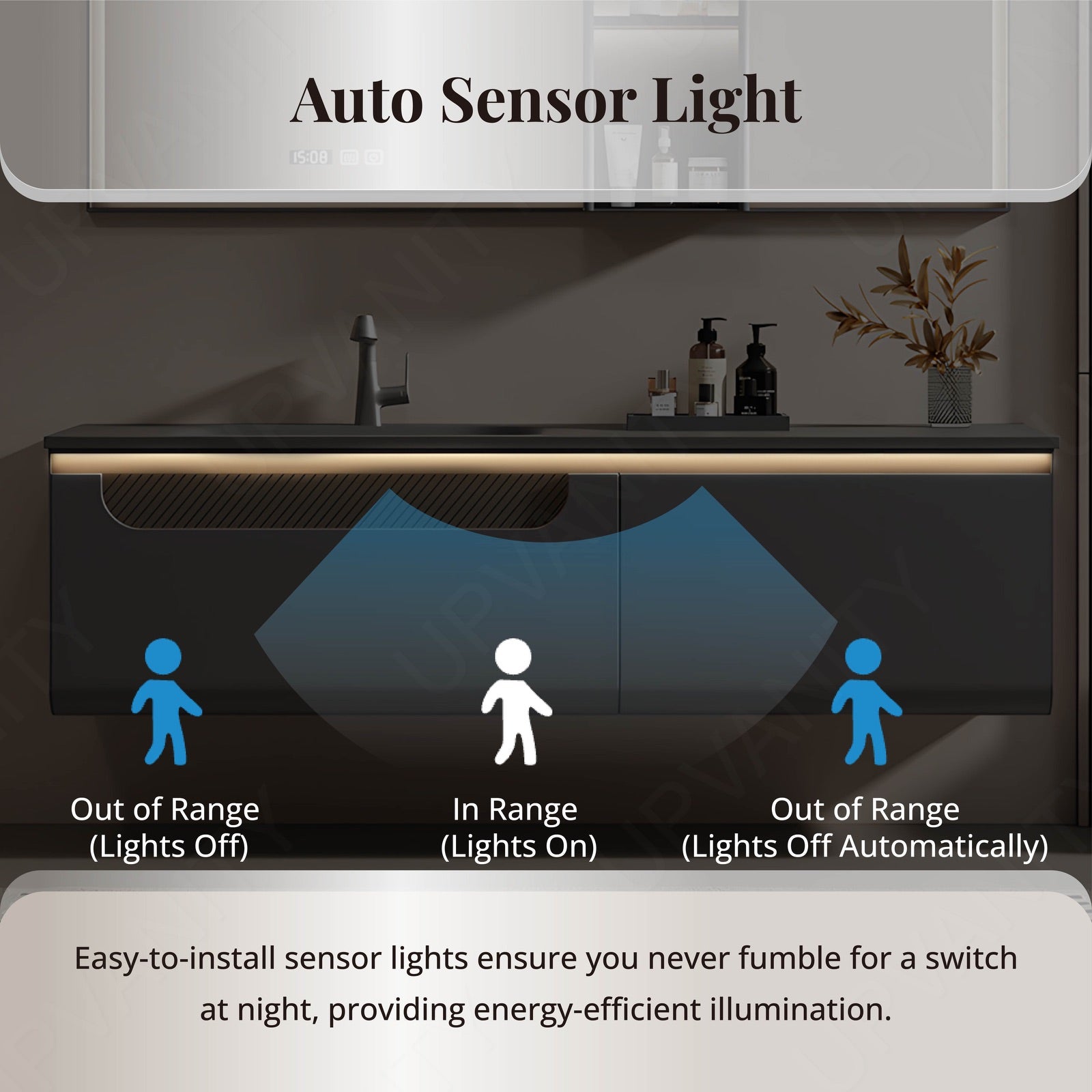 Modern Bath Vanity Set, Gray, Gray Slate Top, 56"-78", Single, Floating, Smart LED Mirror, Sensor Light, Rear Cabinet