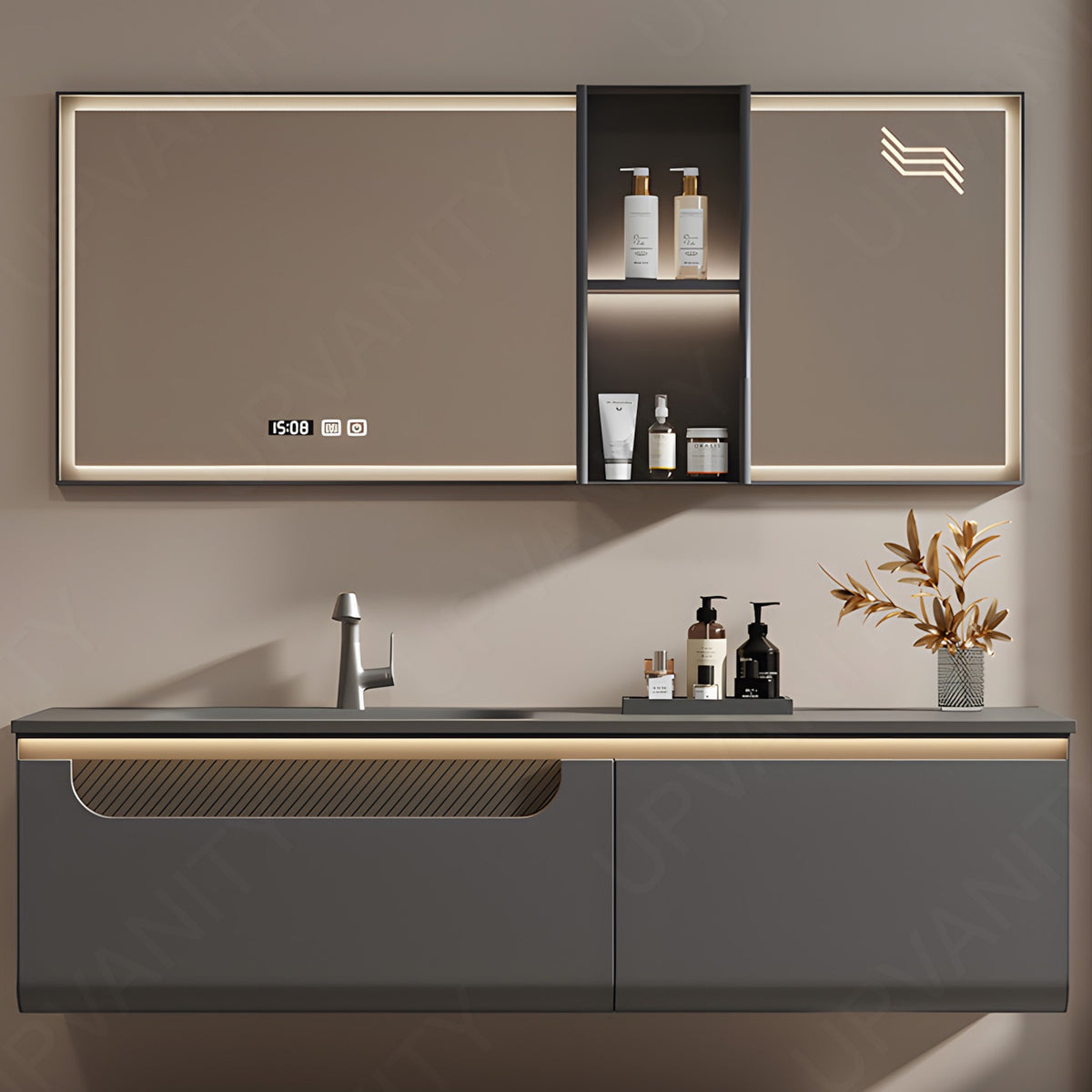 Modern Bath Vanity Set, Gray, Gray Slate Top, 56"-78", Single, Floating, Smart LED Mirror, Sensor Light, Rear Cabinet