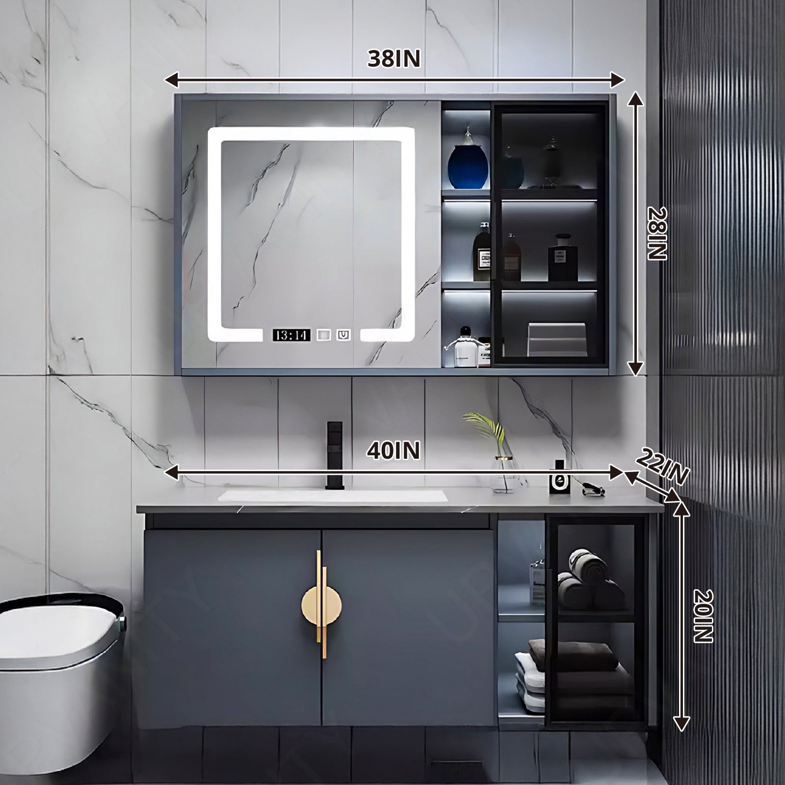 Modern Bath Vanity Set, Gray, Gray Slate Top, Gold Accents, 36"- 60", Single, Floating, Smart LED Mirror, Rear/Side Cabinet