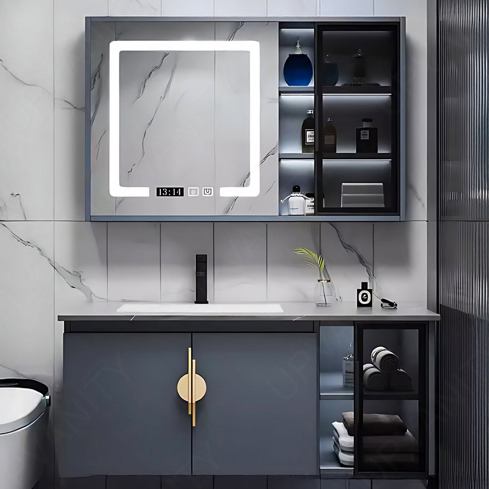 Modern Bath Vanity Set, Gray, Gray Slate Top, Gold Accents, 36"- 60", Single, Floating, Smart LED Mirror, Rear/Side Cabinet