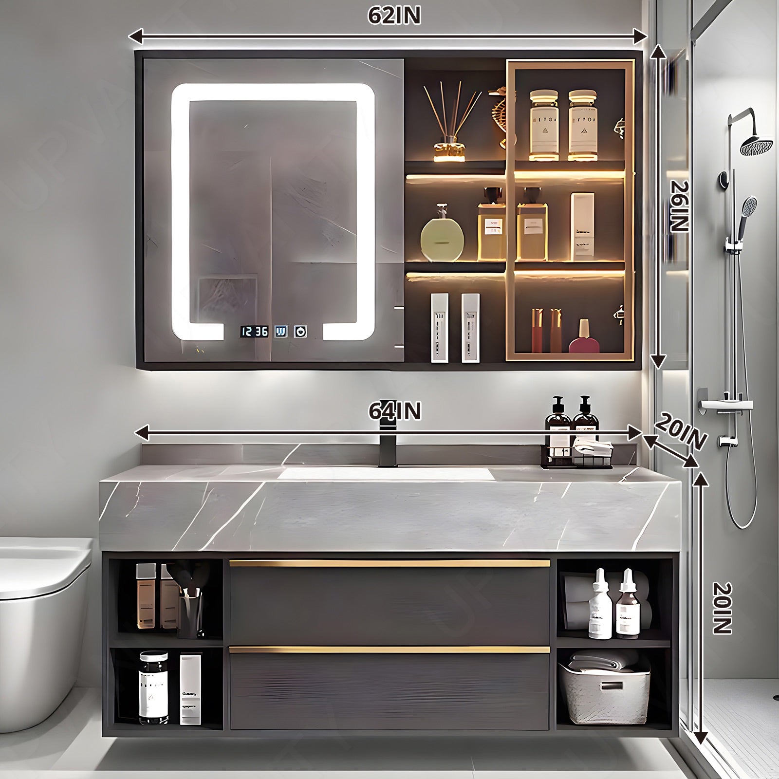 Modern Bath Vanity Set, Gray, Gray Slate Top, Gold Accents, 44"-72", Single, Floating, Glass Door, Smart LED Mirror, Side/Rear Cabinet