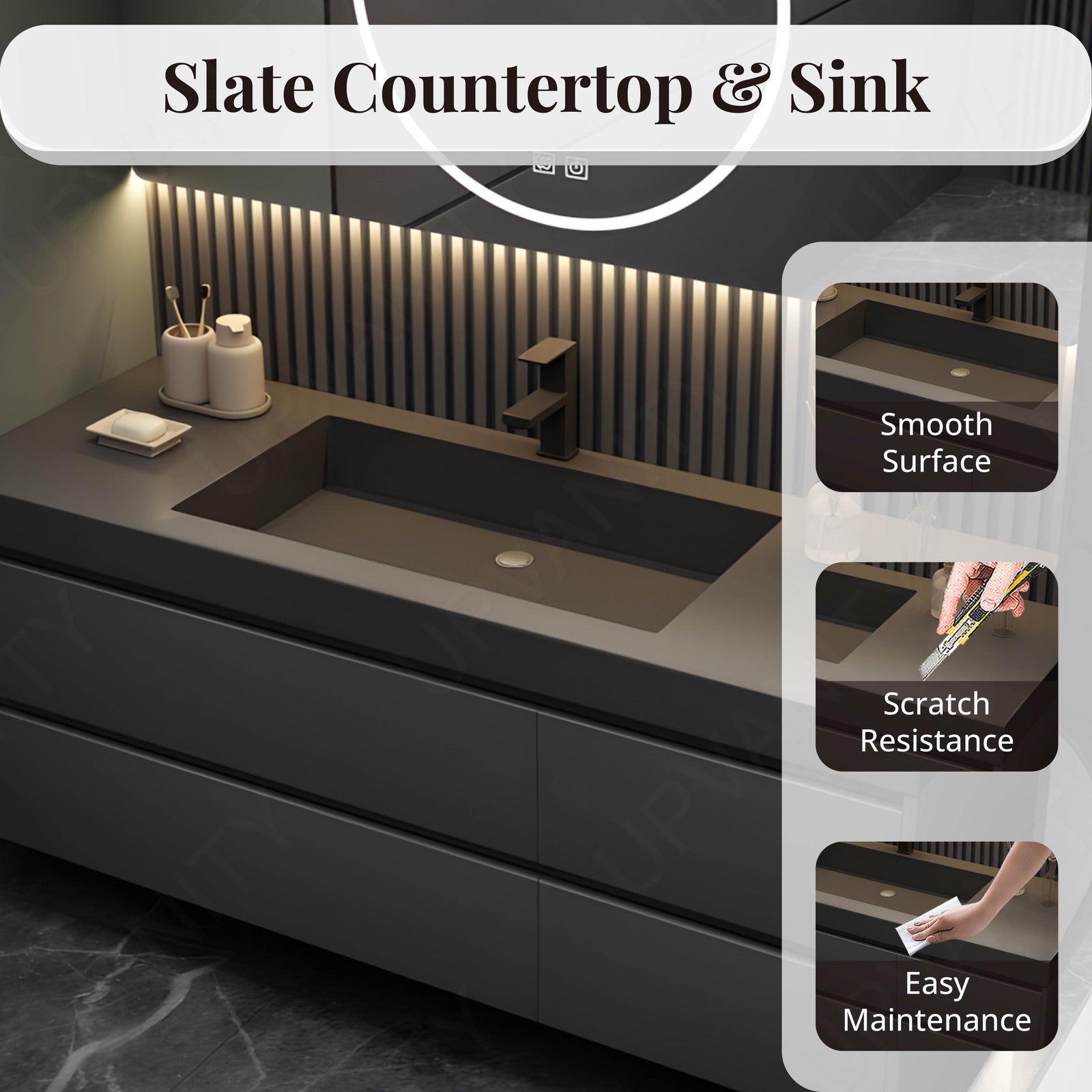 Modern Bath Vanity Set, Gray, Hidden Storage, 40"- 64", Single, Floating, Minimalist, Smart LED Mirror