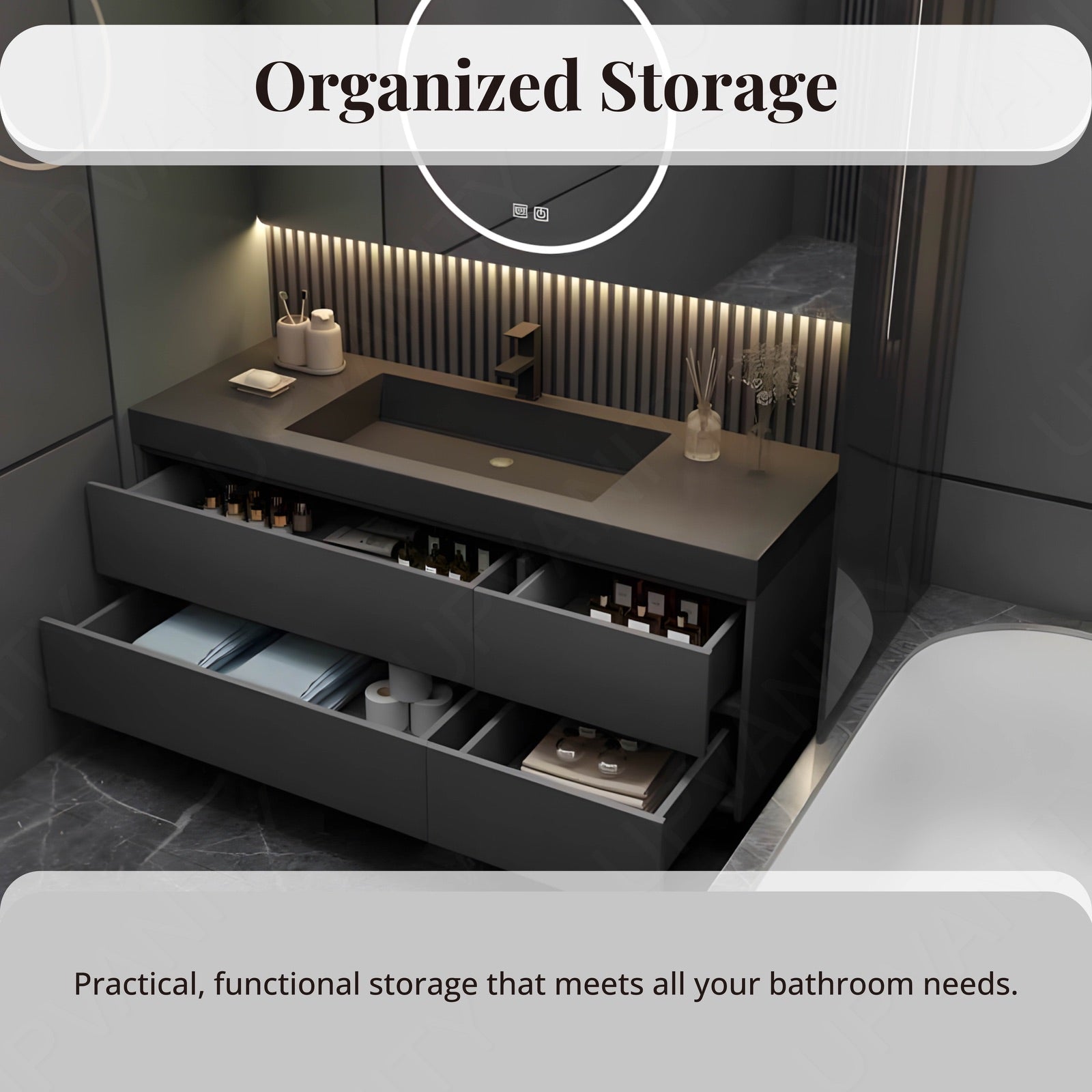 Modern Bath Vanity Set, Gray, Hidden Storage, 40"- 64", Single, Floating, Minimalist, Smart LED Mirror