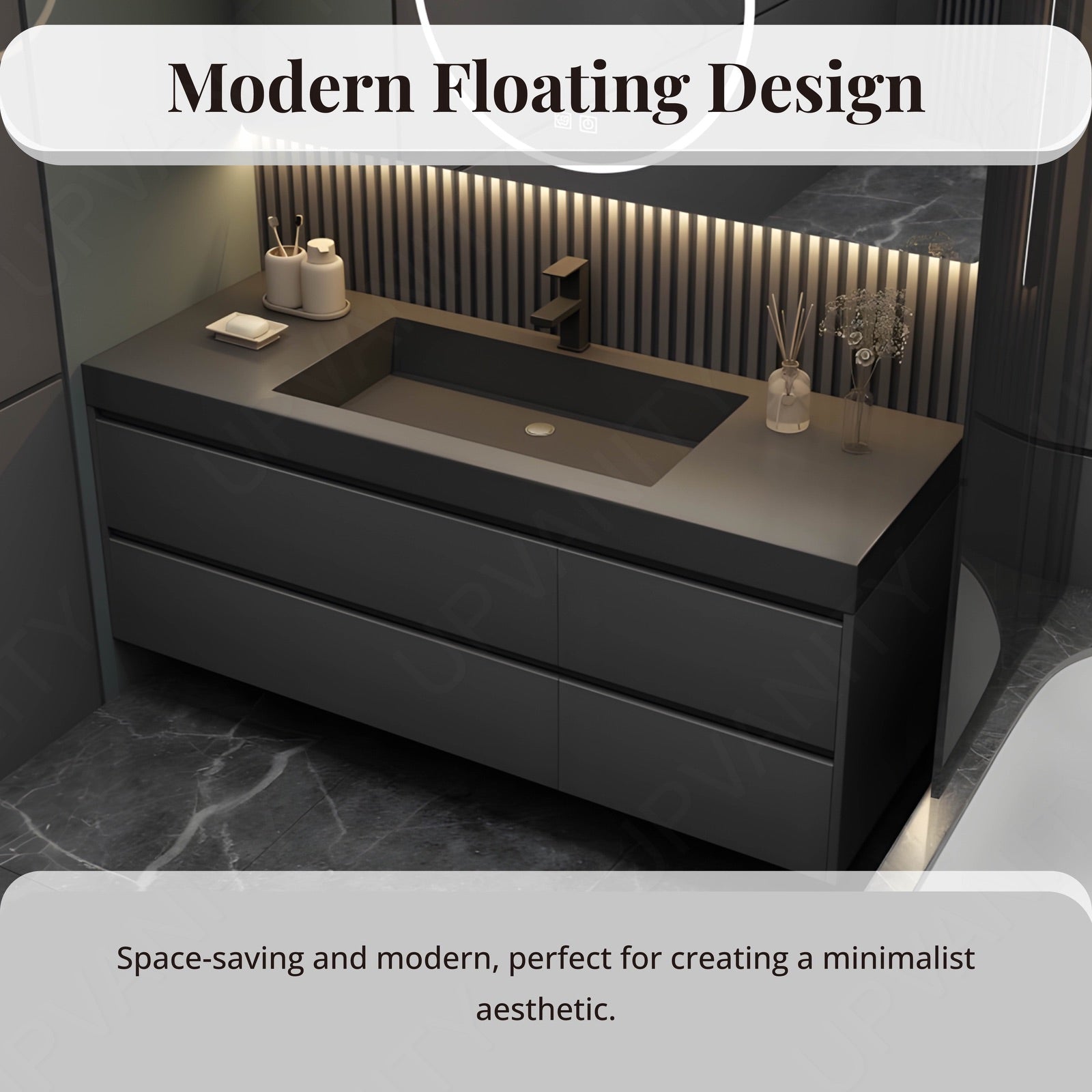Modern Bath Vanity Set, Gray, Hidden Storage, 40"- 64", Single, Floating, Minimalist, Smart LED Mirror