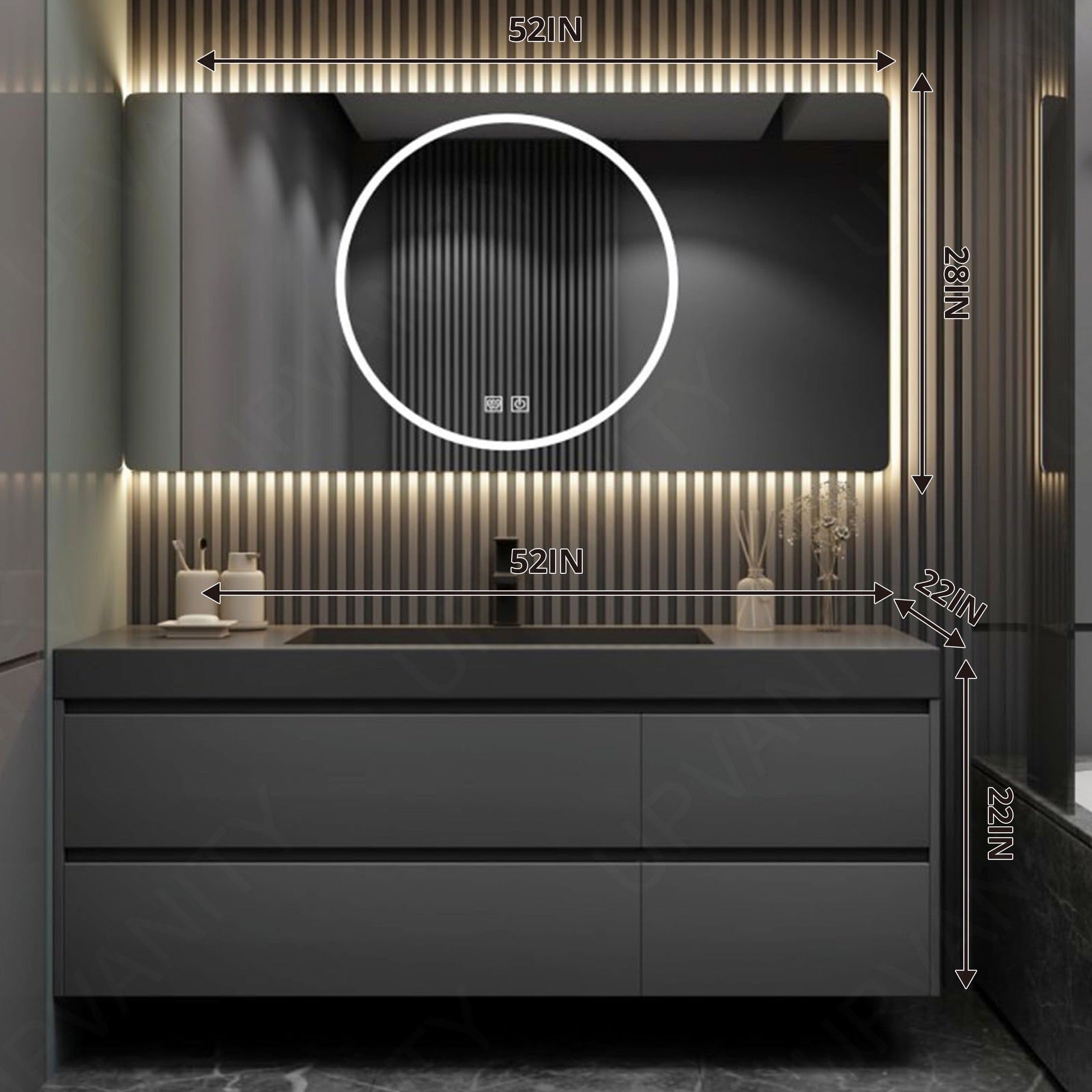 Modern Bath Vanity Set, Gray, Hidden Storage, 40"- 64", Single, Floating, Minimalist, Smart LED Mirror