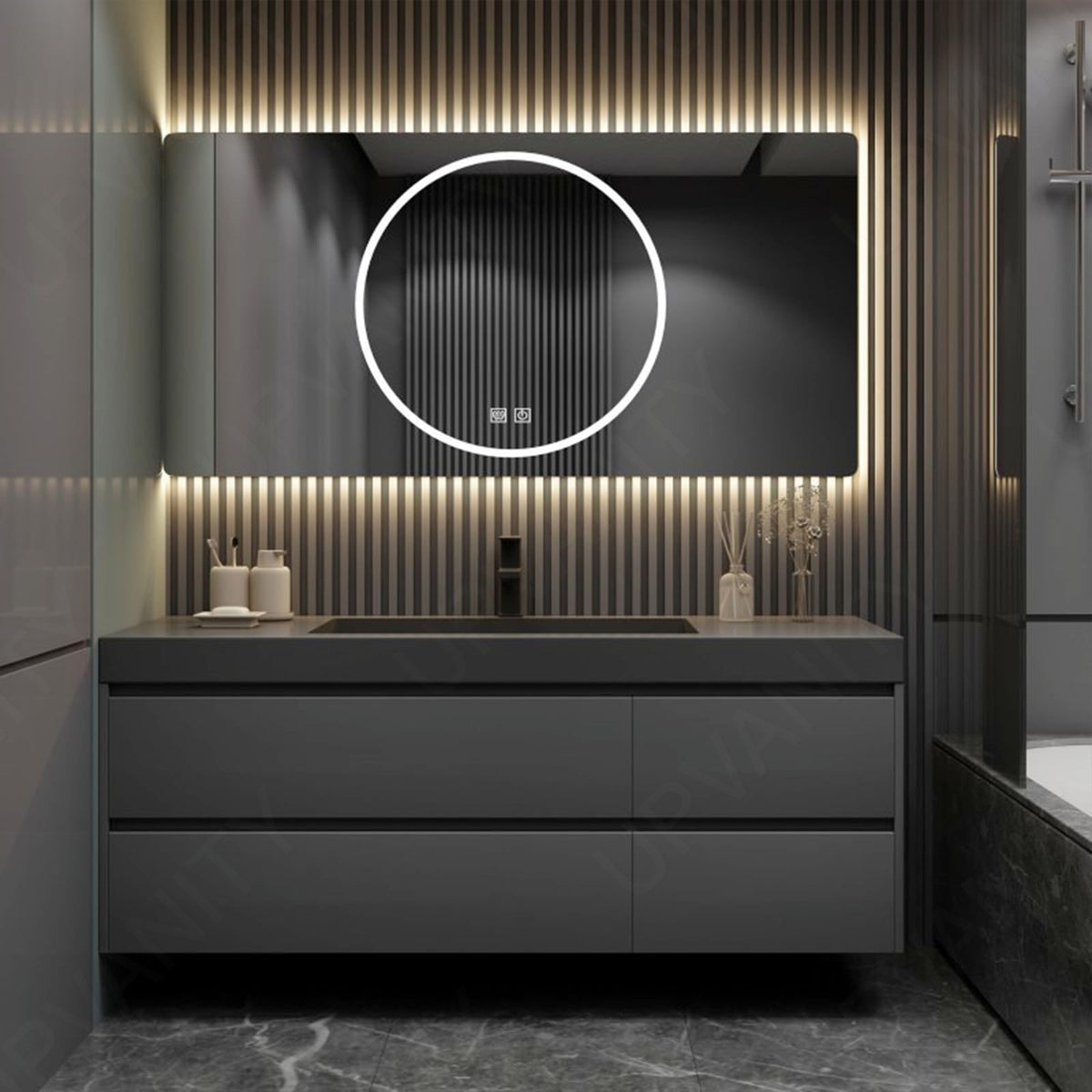 Modern Bath Vanity Set, Gray, Hidden Storage, 40"- 64", Single, Floating, Minimalist, Smart LED Mirror