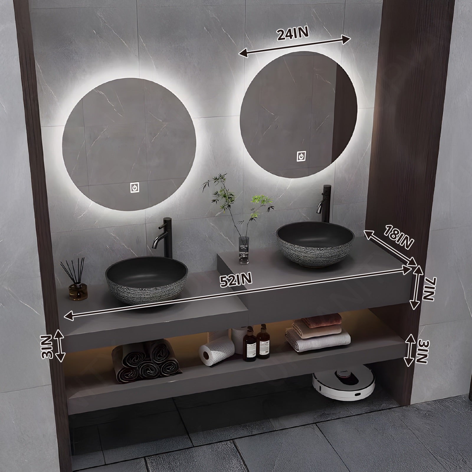 Modern Bath Vanity Set, Gray, High-Low Sinks, 52"- 78", Double Vessel Sink, Floating, Round Smart LED Mirror