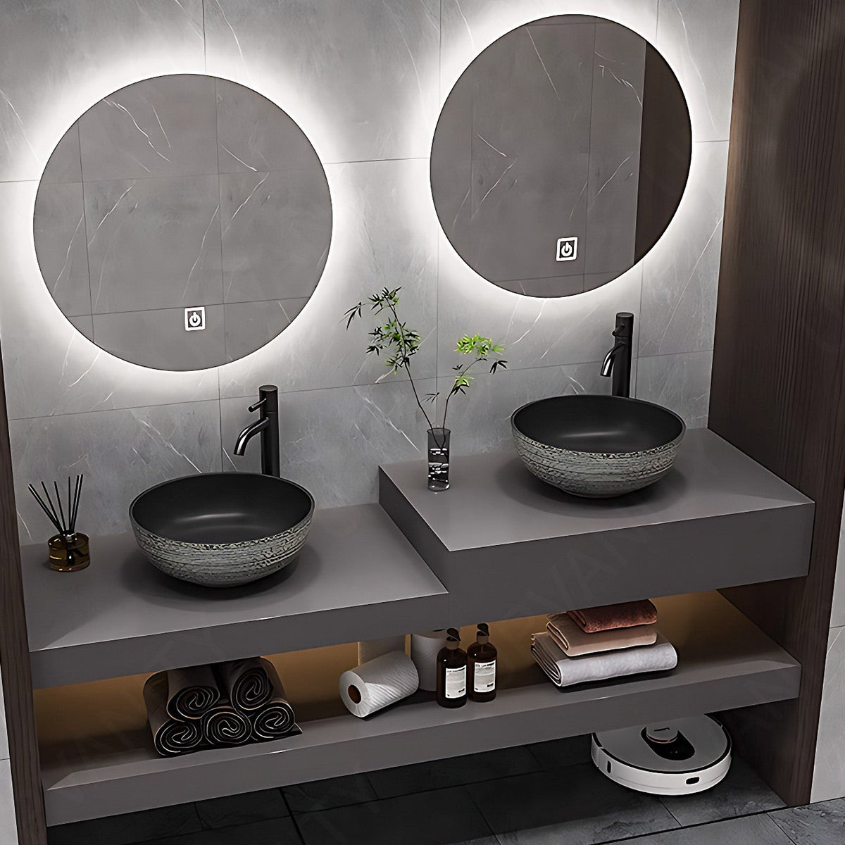 Modern Bath Vanity Set, Gray, High-Low Sinks, 52"- 78", Double Vessel Sink, Floating, Round Smart LED Mirror