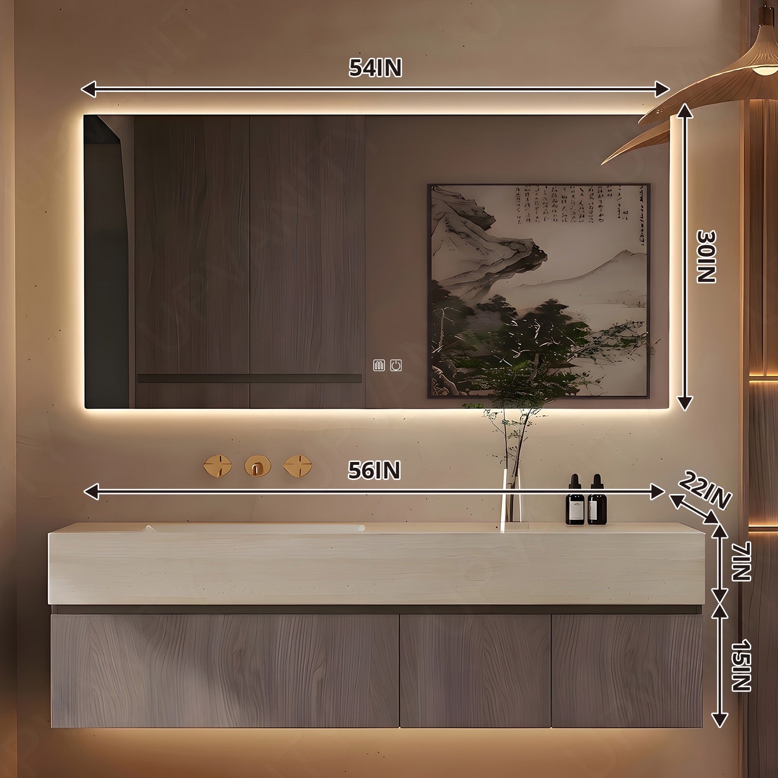 Modern Bath Vanity Set, Gray, Joint Beige Top, 32"-72", Single, Floating, Classic Panel, Smart LED Mirror