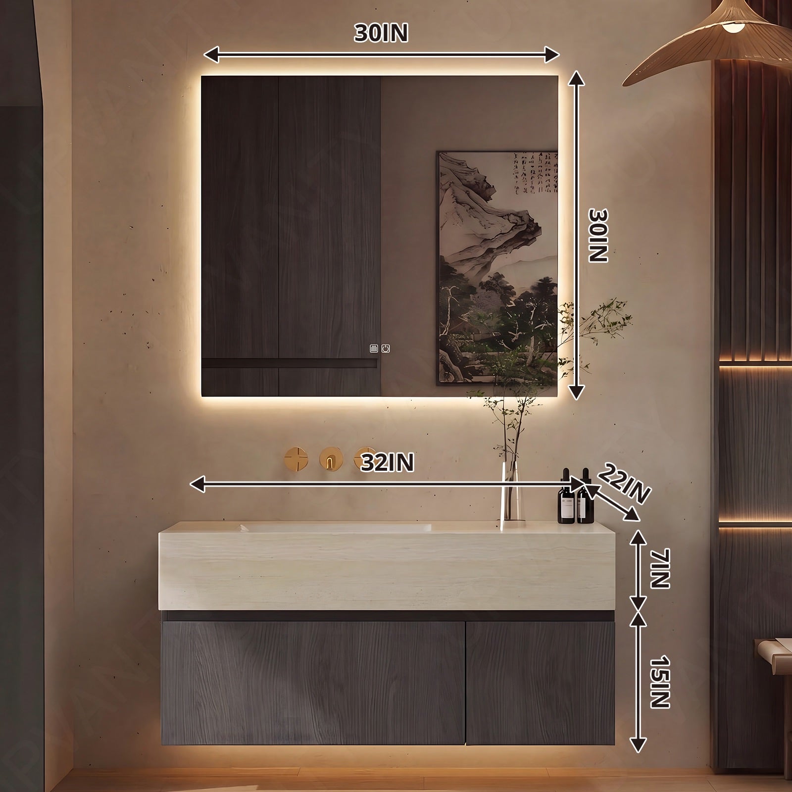 Modern Bath Vanity Set, Gray, Joint Beige Top, 32"-72", Single, Floating, Classic Panel, Smart LED Mirror
