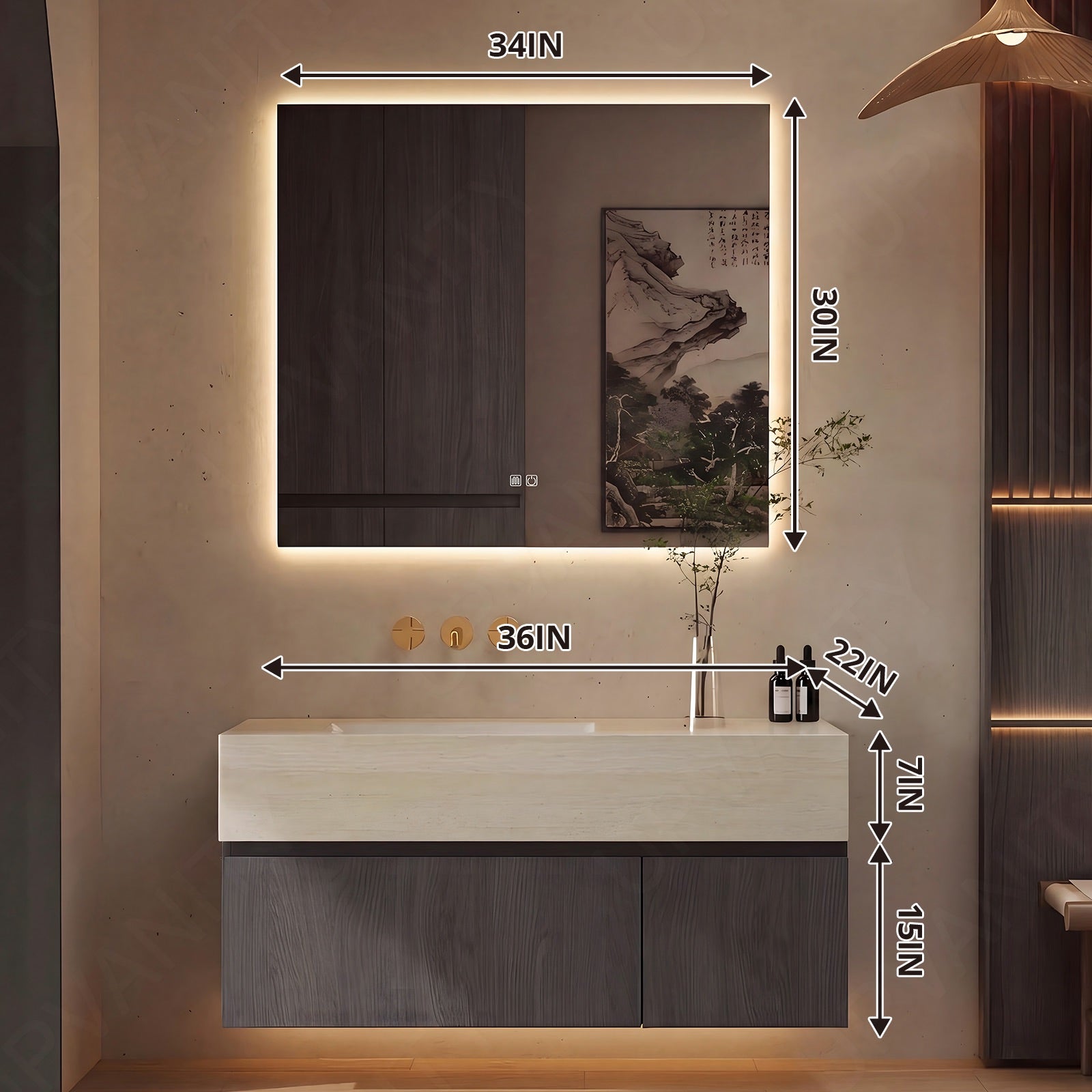Modern Bath Vanity Set, Gray, Joint Beige Top, 32"-72", Single, Floating, Classic Panel, Smart LED Mirror
