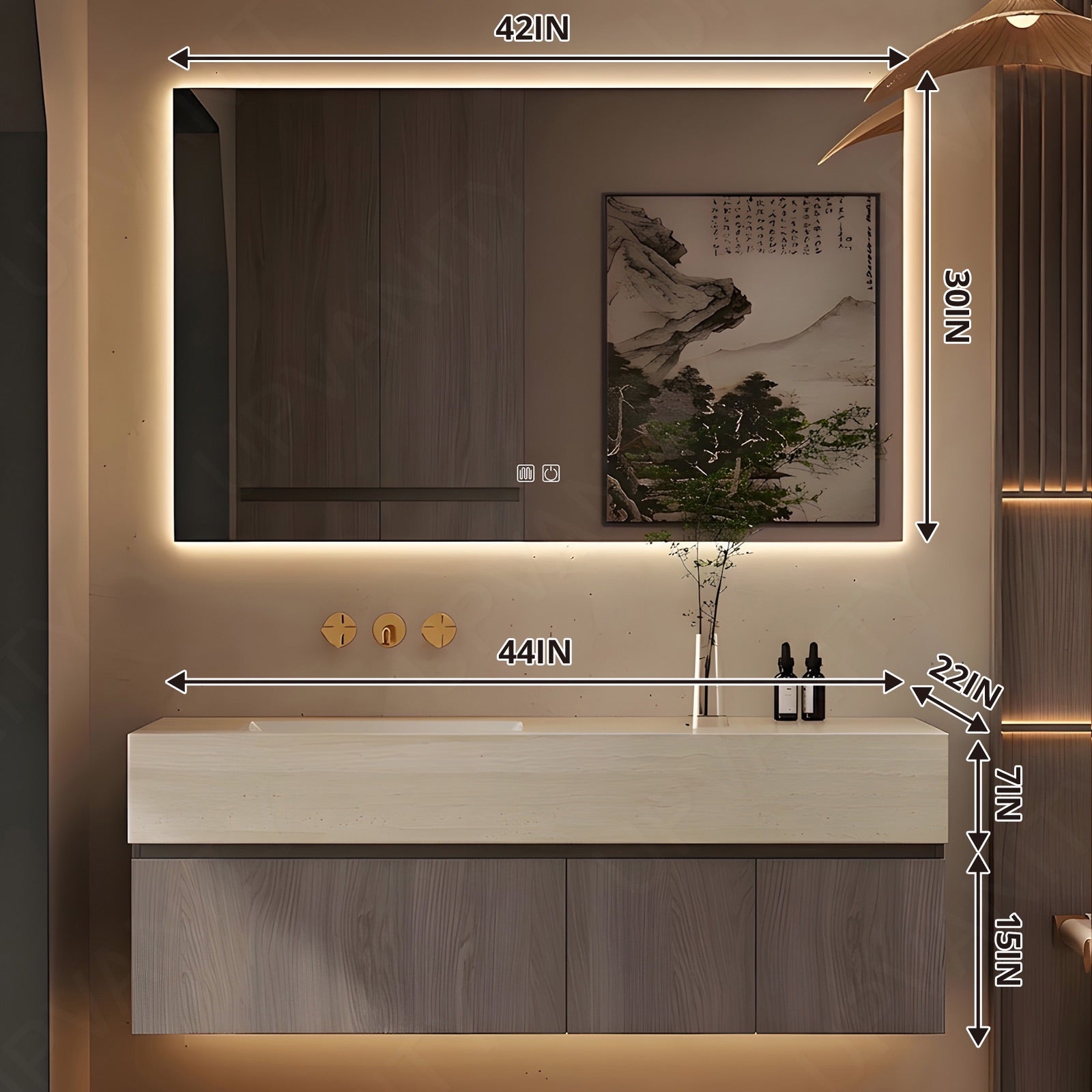 Modern Bath Vanity Set, Gray, Joint Beige Top, 32"-72", Single, Floating, Classic Panel, Smart LED Mirror