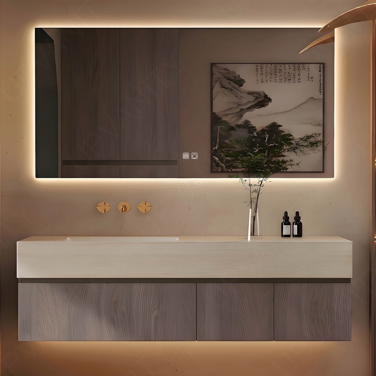 Modern Bath Vanity Set, Gray, Joint Beige Top, 32"-72", Single, Floating, Classic Panel, Smart LED Mirror