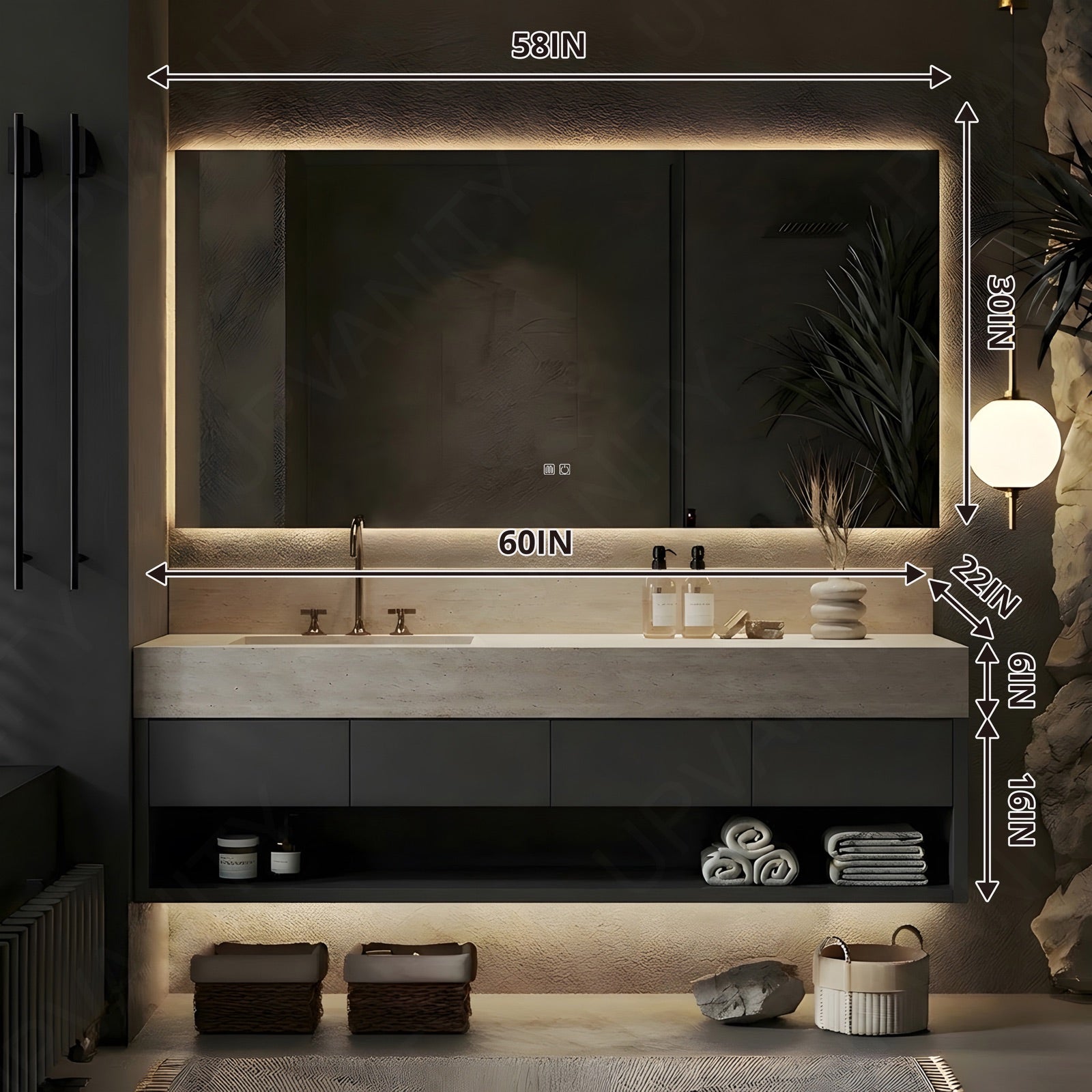 Modern Bath Vanity Set, Gray, Joint Beige Top, Open Storage, 40"-64", Single, Floating, Smart LED Mirror