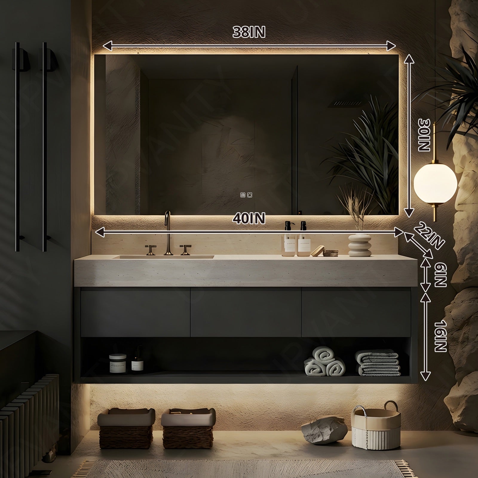 Modern Bath Vanity Set, Gray, Joint Beige Top, Open Storage, 40"-64", Single, Floating, Smart LED Mirror