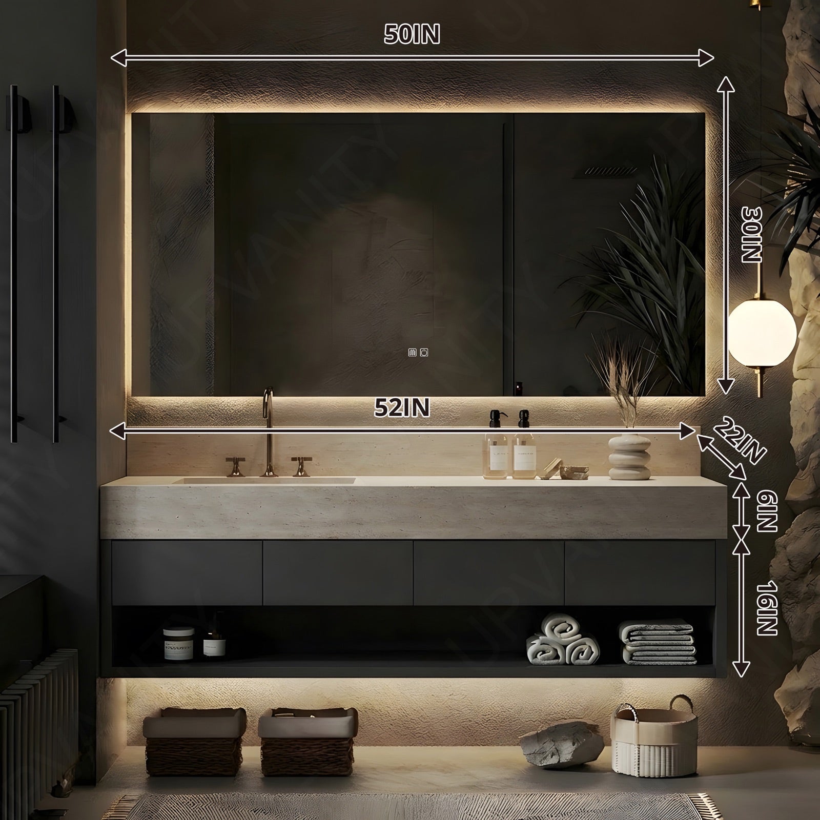 Modern Bath Vanity Set, Gray, Joint Beige Top, Open Storage, 40"-64", Single, Floating, Smart LED Mirror
