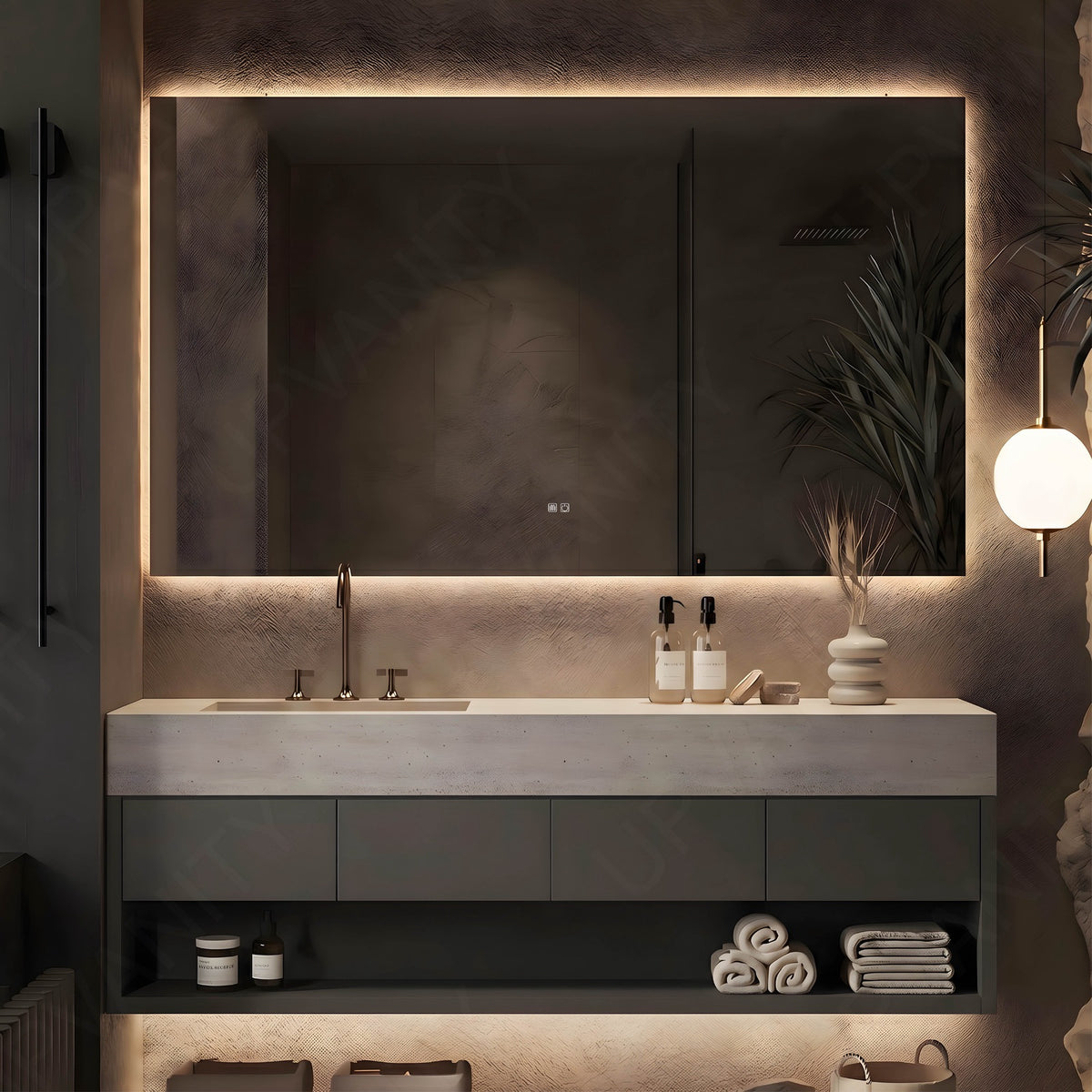 Modern Bath Vanity Set, Gray, Joint Beige Top, Open Storage, 40"-64", Single, Floating, Smart LED Mirror