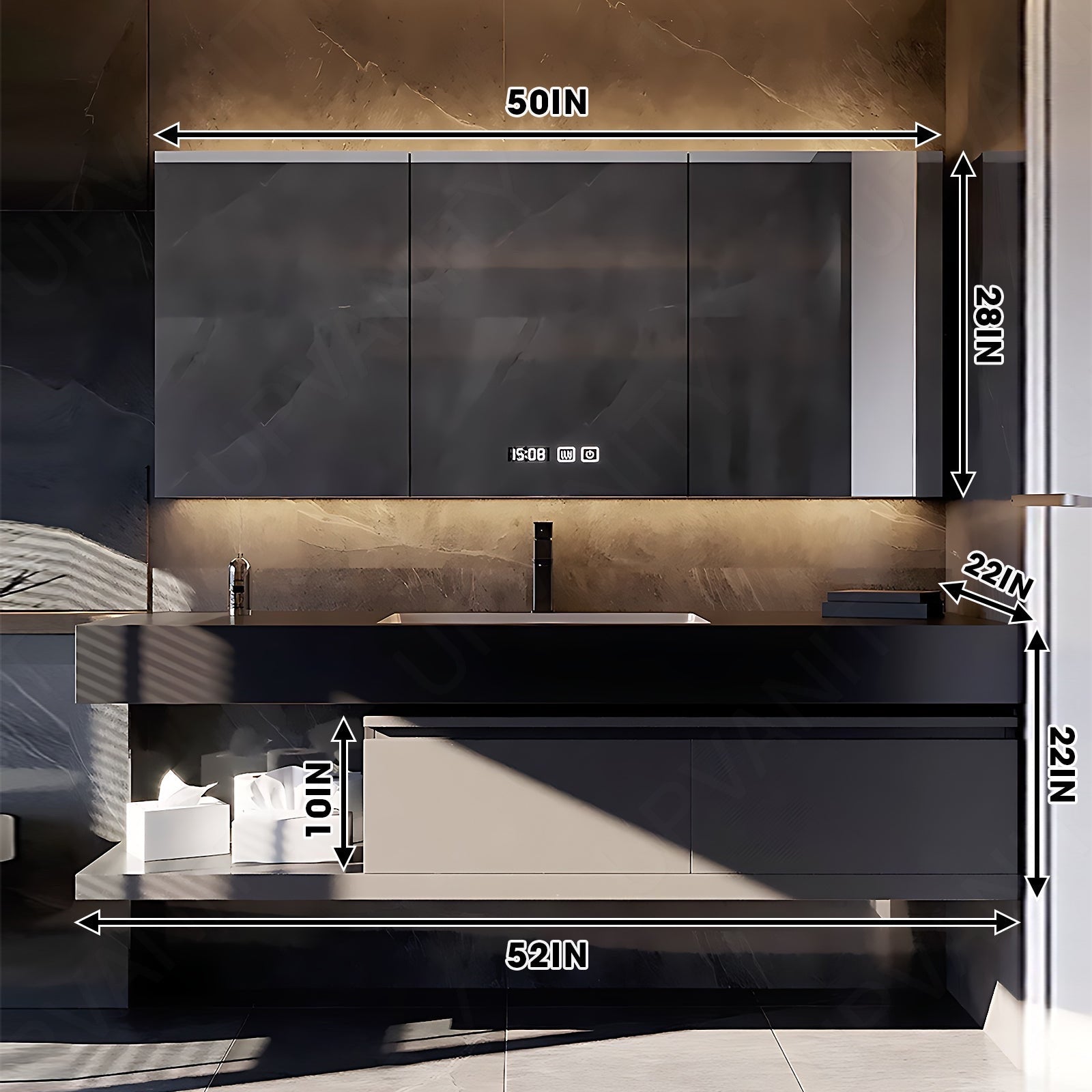 Modern Bath Vanity Set, Gray, Joint Black Top, 36"- 72", Single, Floating, Smart LED Mirror, Rear Cabinet