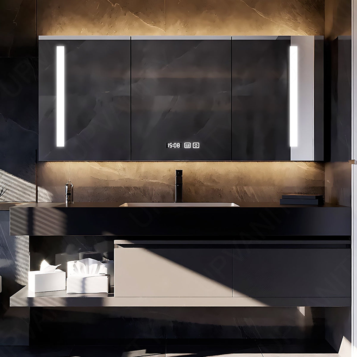 Modern Bath Vanity Set, Gray, Joint Black Top, 36"- 72", Single, Floating, Smart LED Mirror, Rear Cabinet
