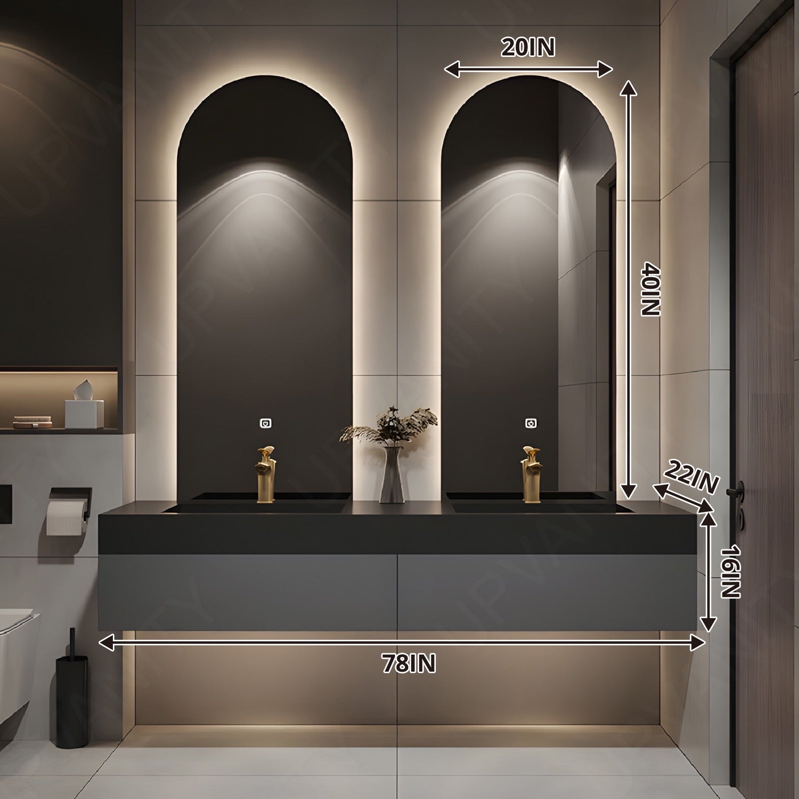 Modern Bath Vanity Set, Gray, Joint Black Top, 56''-78'', Double, Floating, Oval Smart LED Mirror