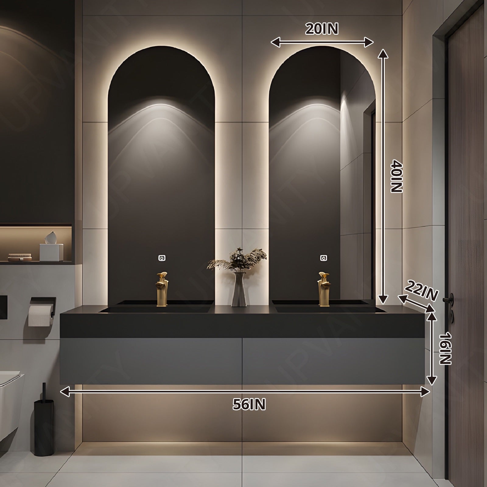 Modern Bath Vanity Set, Gray, Joint Black Top, 56''-78'', Double, Floating, Oval Smart LED Mirror