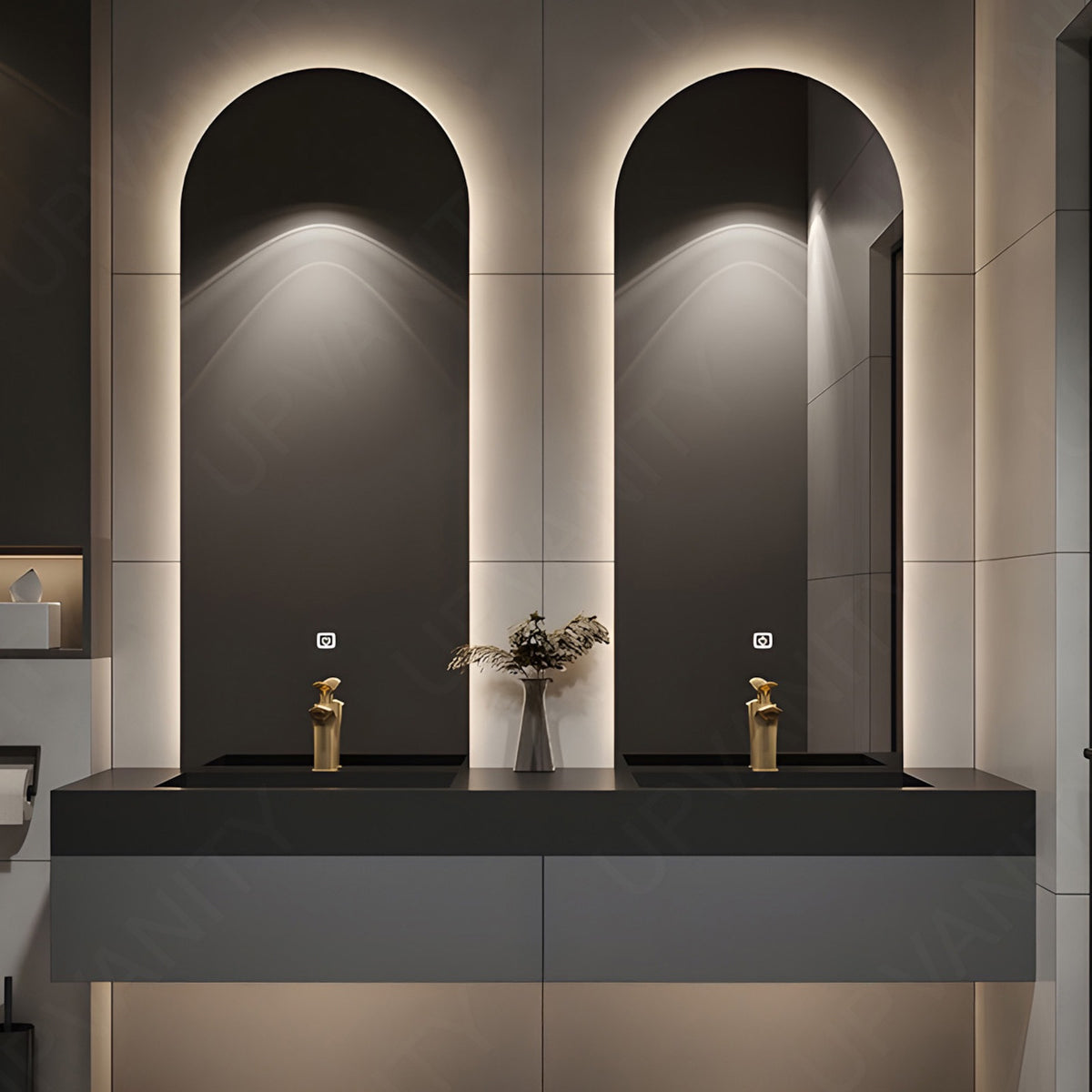 Modern Bath Vanity Set, Gray, Joint Black Top, 56''-78'', Double, Floating, Oval Smart LED Mirror