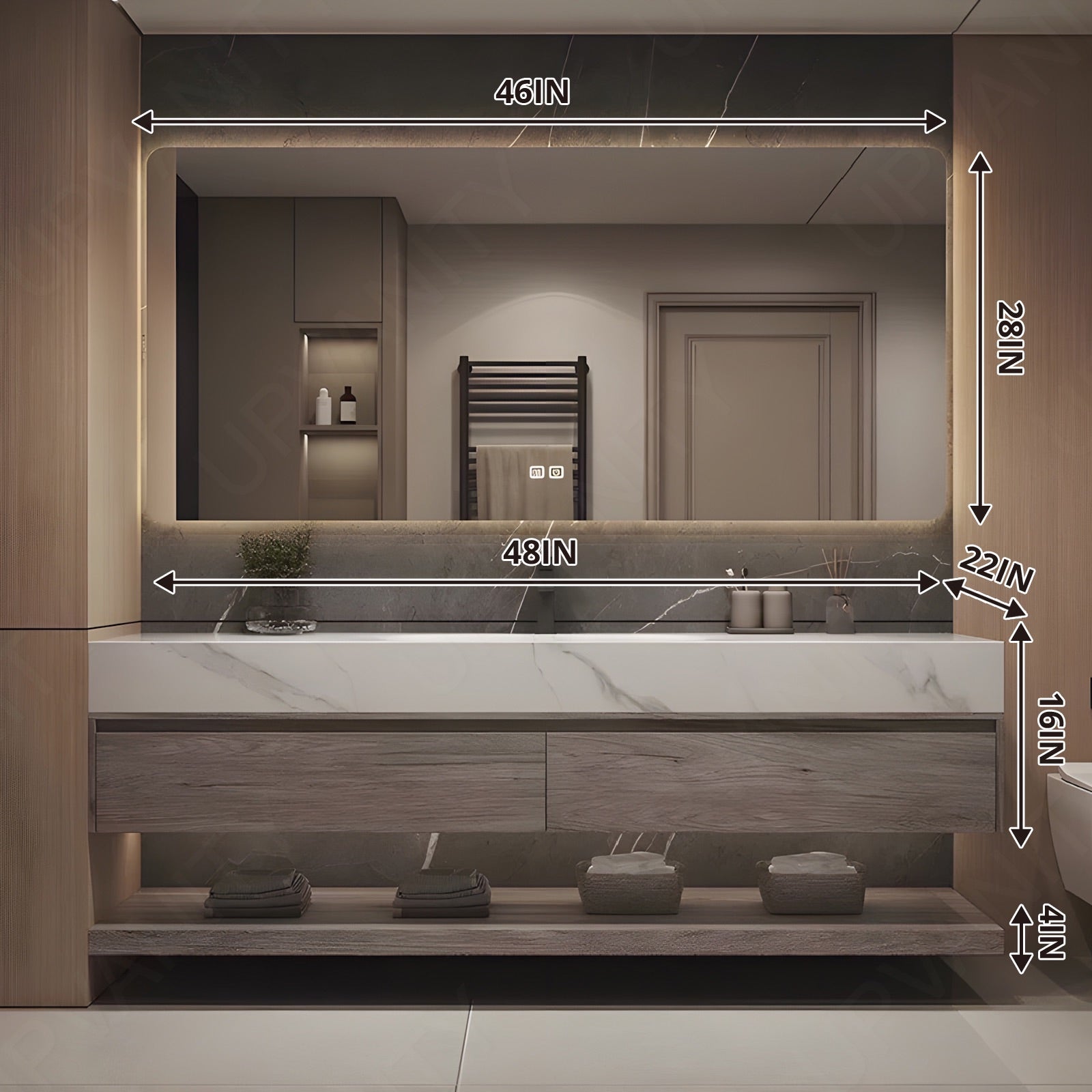 Modern Bath Vanity Set, Gray, Joint Slate Top, 36"-76", Single, Floating, Open Storage, Smart LED Mirror