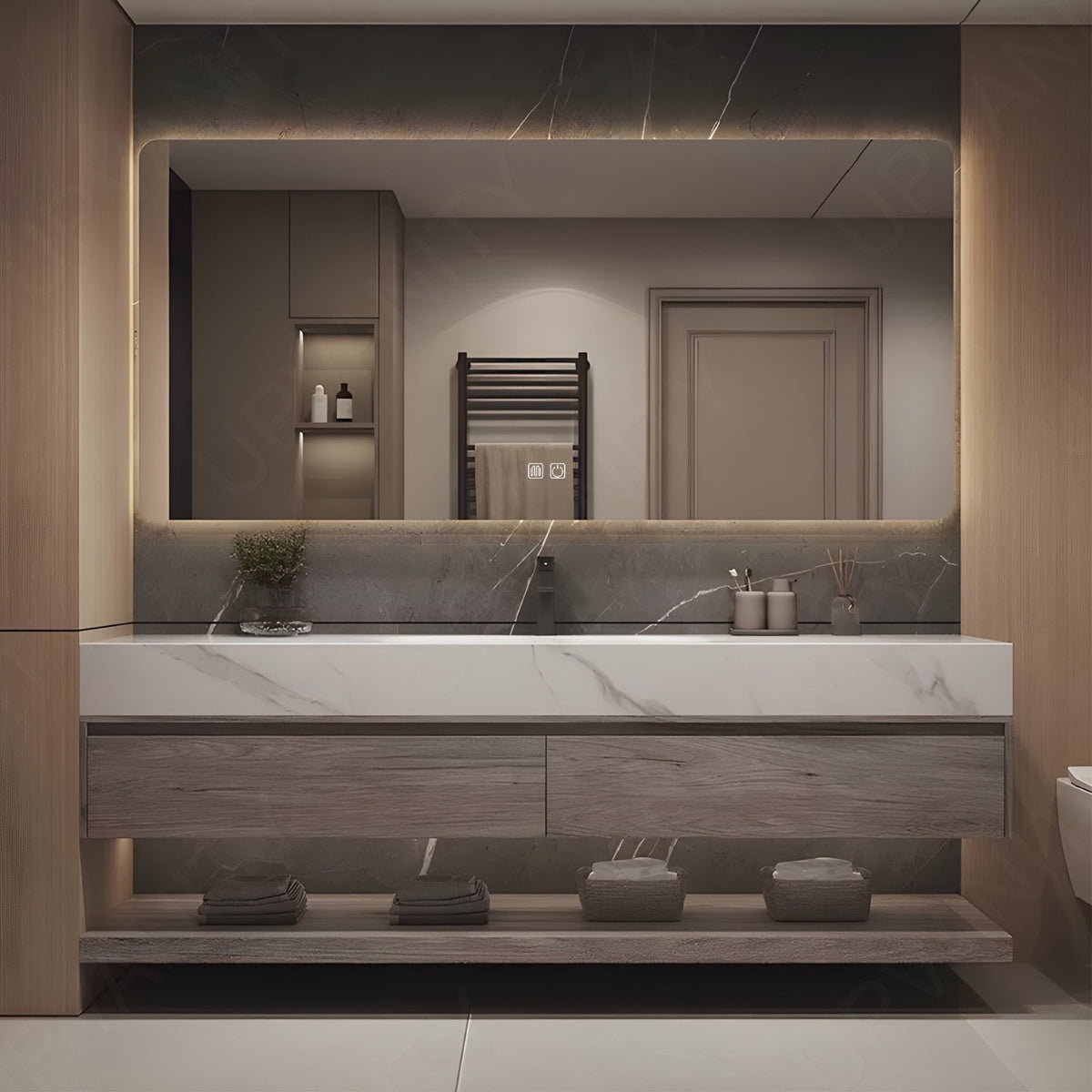 Modern Bath Vanity Set, Gray, Joint Slate Top, 36"-76", Single, Floating, Open Storage, Smart LED Mirror