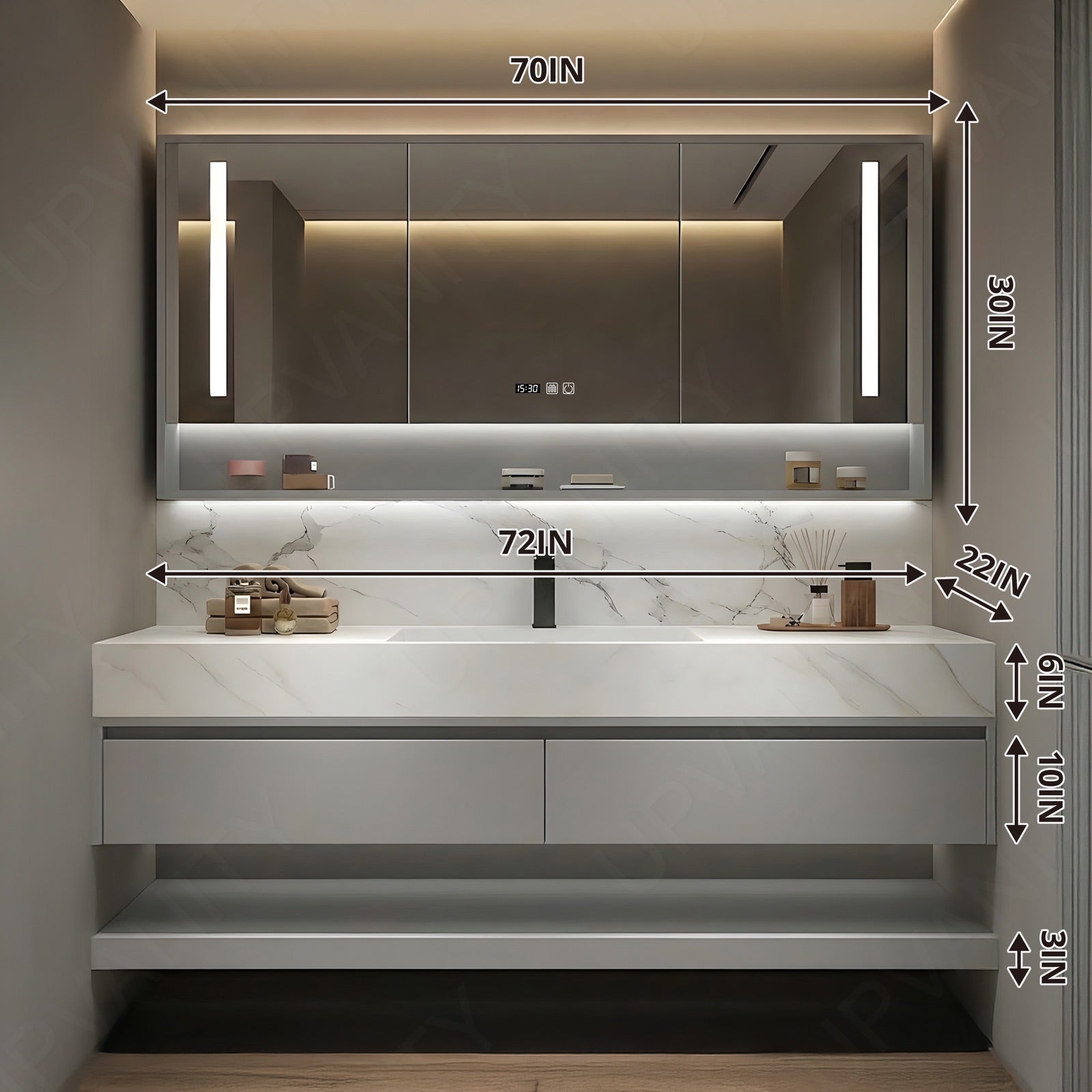 Modern Bath Vanity Set, Gray, Joint White Top, 40"- 72", Single, Floating, Smart LED Mirror, Rear Cabinet