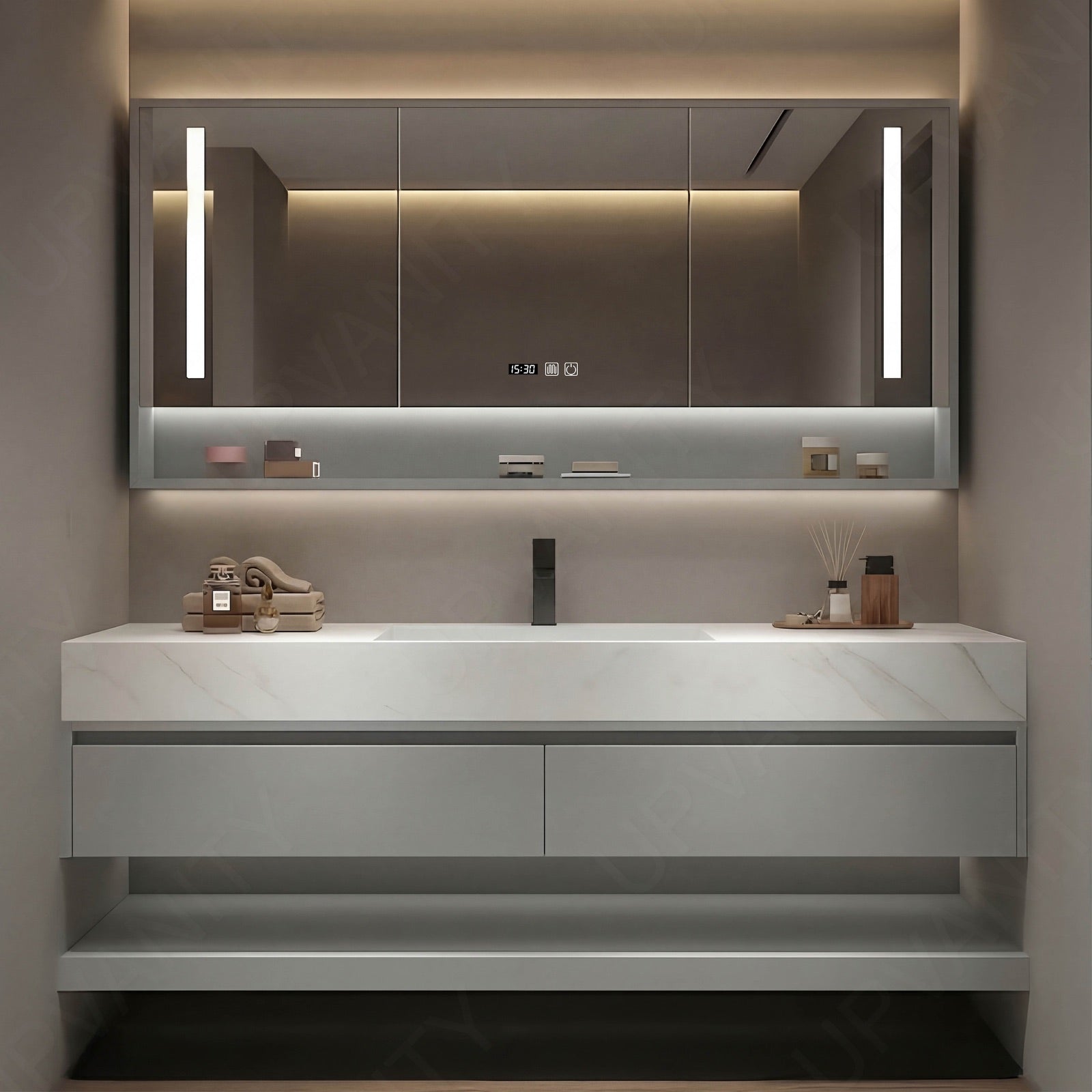 Modern Bath Vanity Set, Gray, Joint White Top, 40"- 72", Single, Floating, Smart LED Mirror, Rear Cabinet