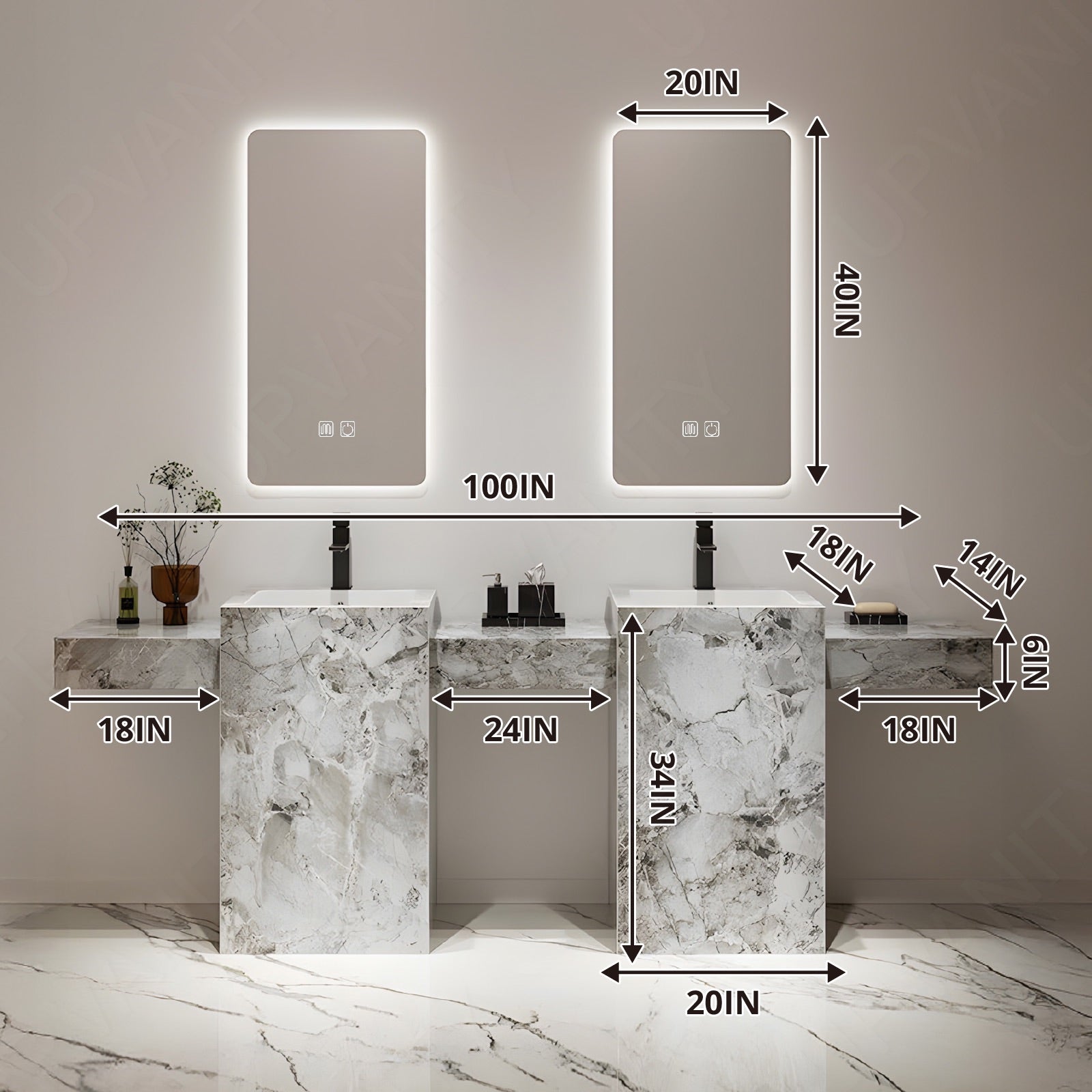 Modern Bath Vanity Set, Gray, Marble Textured Column, 72"- 100", Double, Freestanding, Dual Smart LED Mirror