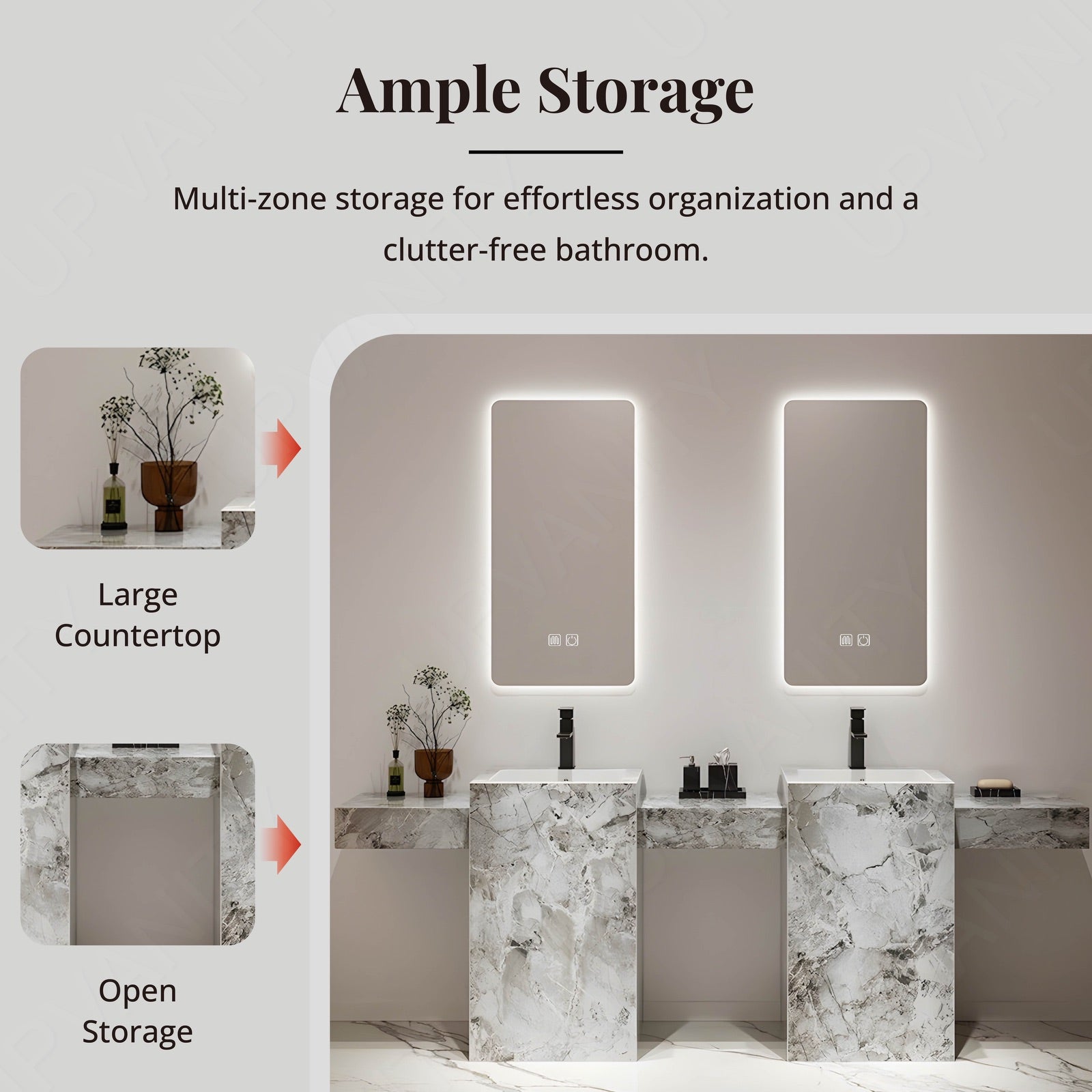 Column Vanity Modern Bath Vanity Set, White, Marble Textured Column, 72