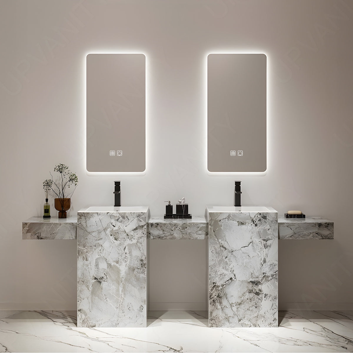Modern Bath Vanity Set, Gray, Marble Textured Column, 72"- 100", Double, Freestanding, Dual Smart LED Mirror