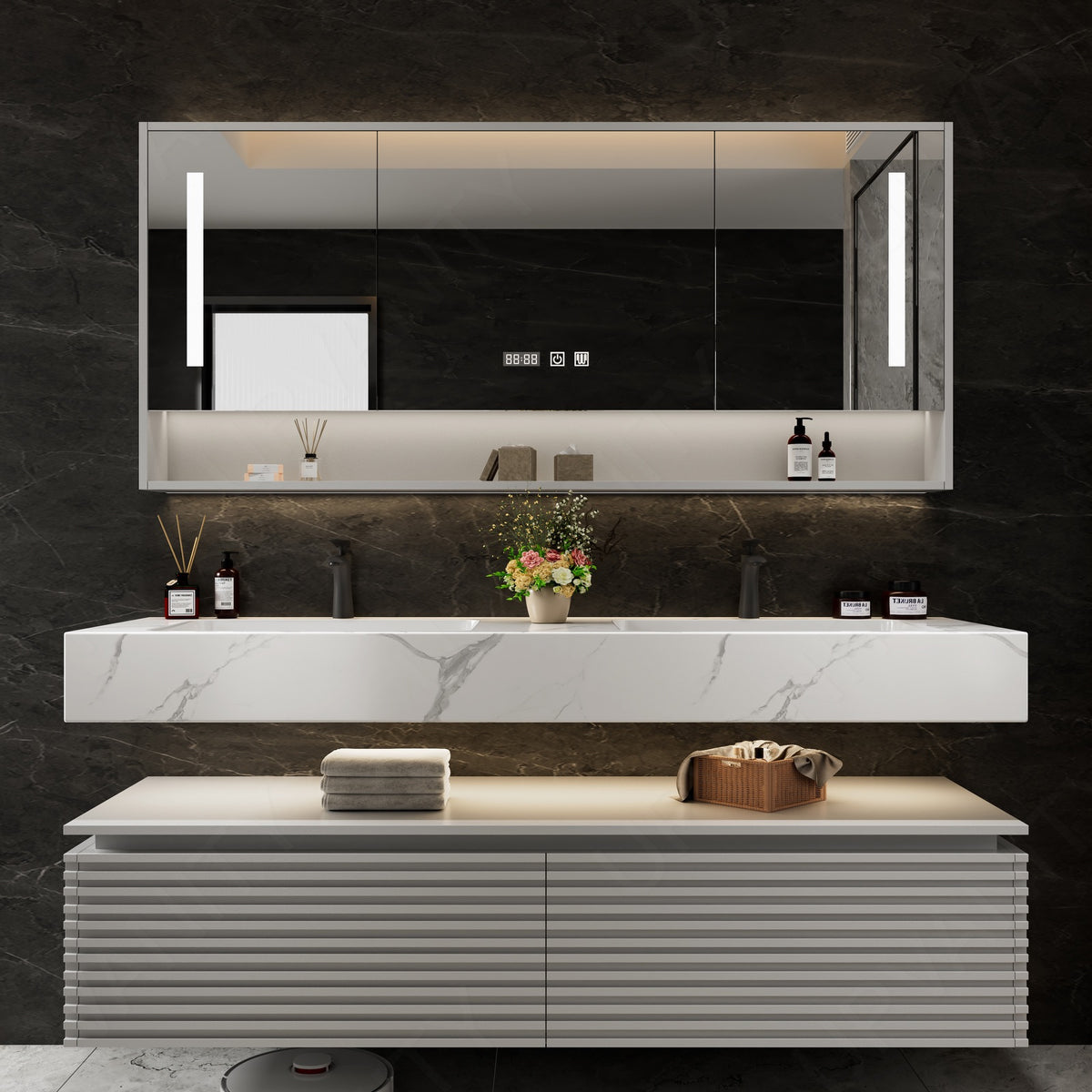 Modern Bath Vanity Set, Gray, Marble Textured Top, 52"- 78", Double, Floating, Smart LED Mirror, Rear Cabinet