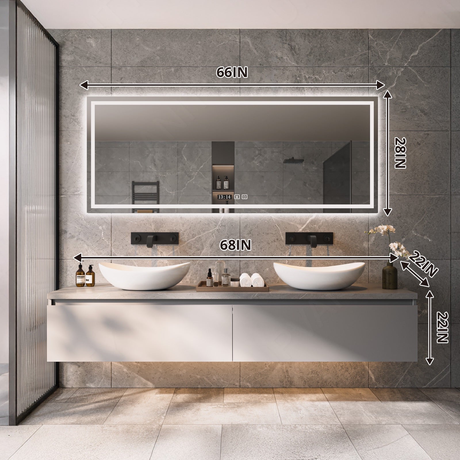 Modern Bath Vanity Set, Gray, Marble Textured Top, 56"-78", Double Vessel Sink, Floating, Smart LED Mirror