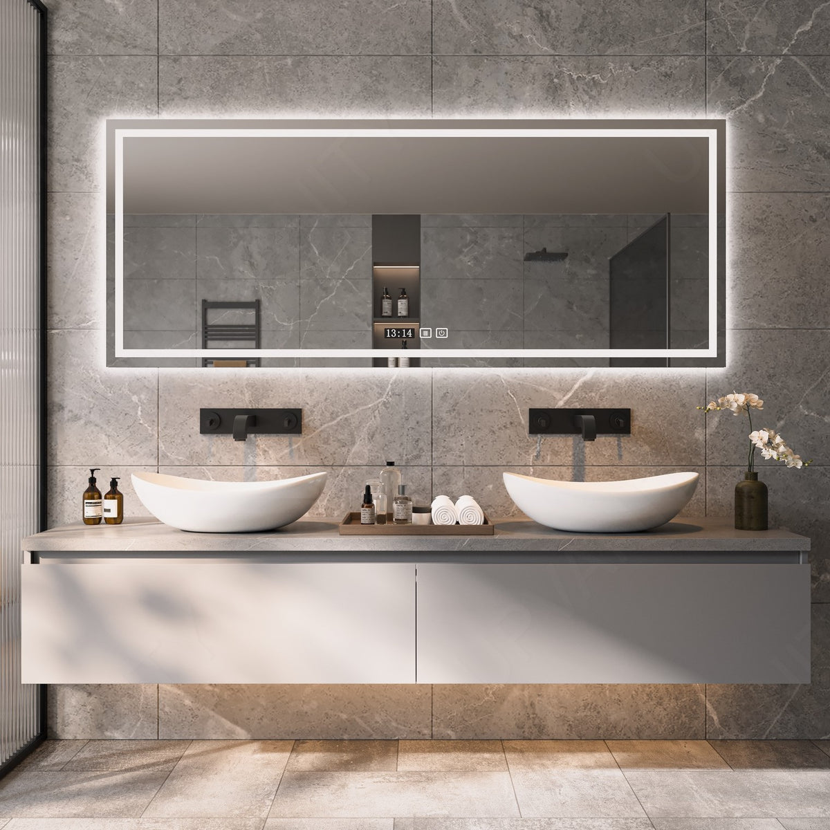 Modern Bath Vanity Set, Gray, Marble Textured Top, 56"-78", Double Vessel Sink, Floating, Smart LED Mirror