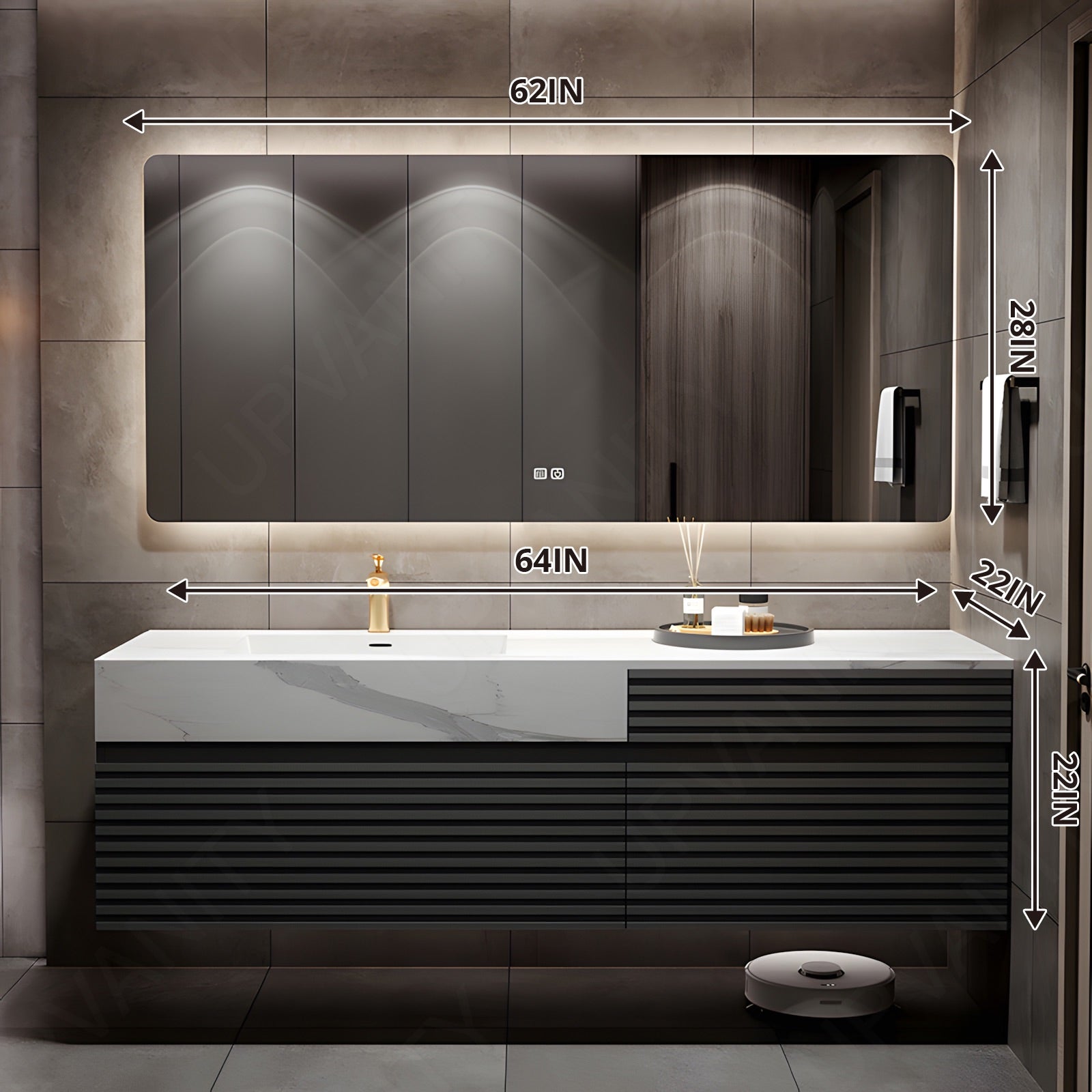 Modern Bath Vanity Set, Gray, Marble Textured Top, Striped Panel, 56"-78", Single, Floating, Smart LED Mirror