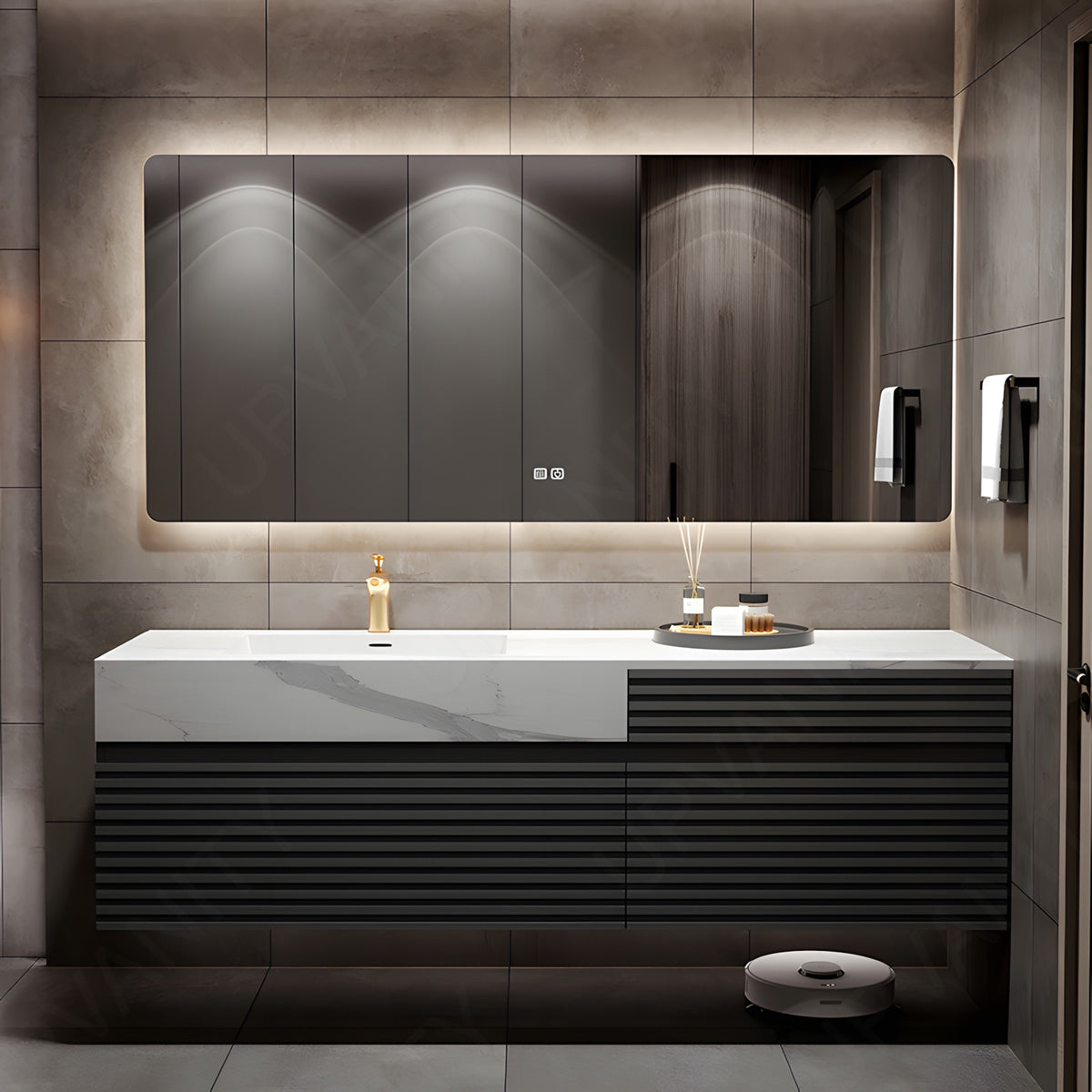 Modern Bath Vanity Set, Gray, Marble Textured Top, Striped Panel, 56"-78", Single, Floating, Smart LED Mirror