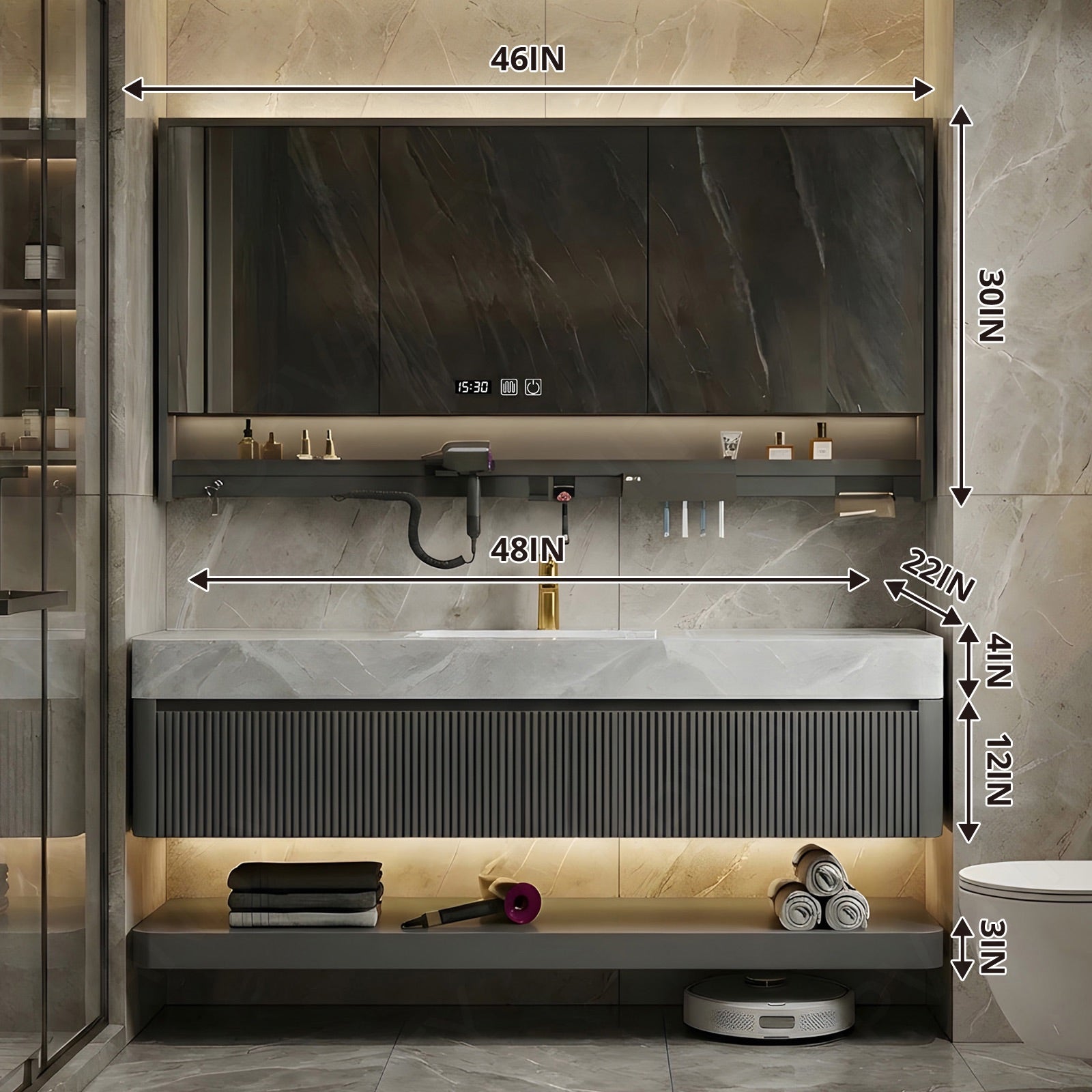 Modern Bath Vanity Set, Gray, Marble Textured Top, Striped Panels, 36"- 78", Double, Floating, Smart LED Mirror, Rear Cabinet, Storage Rack