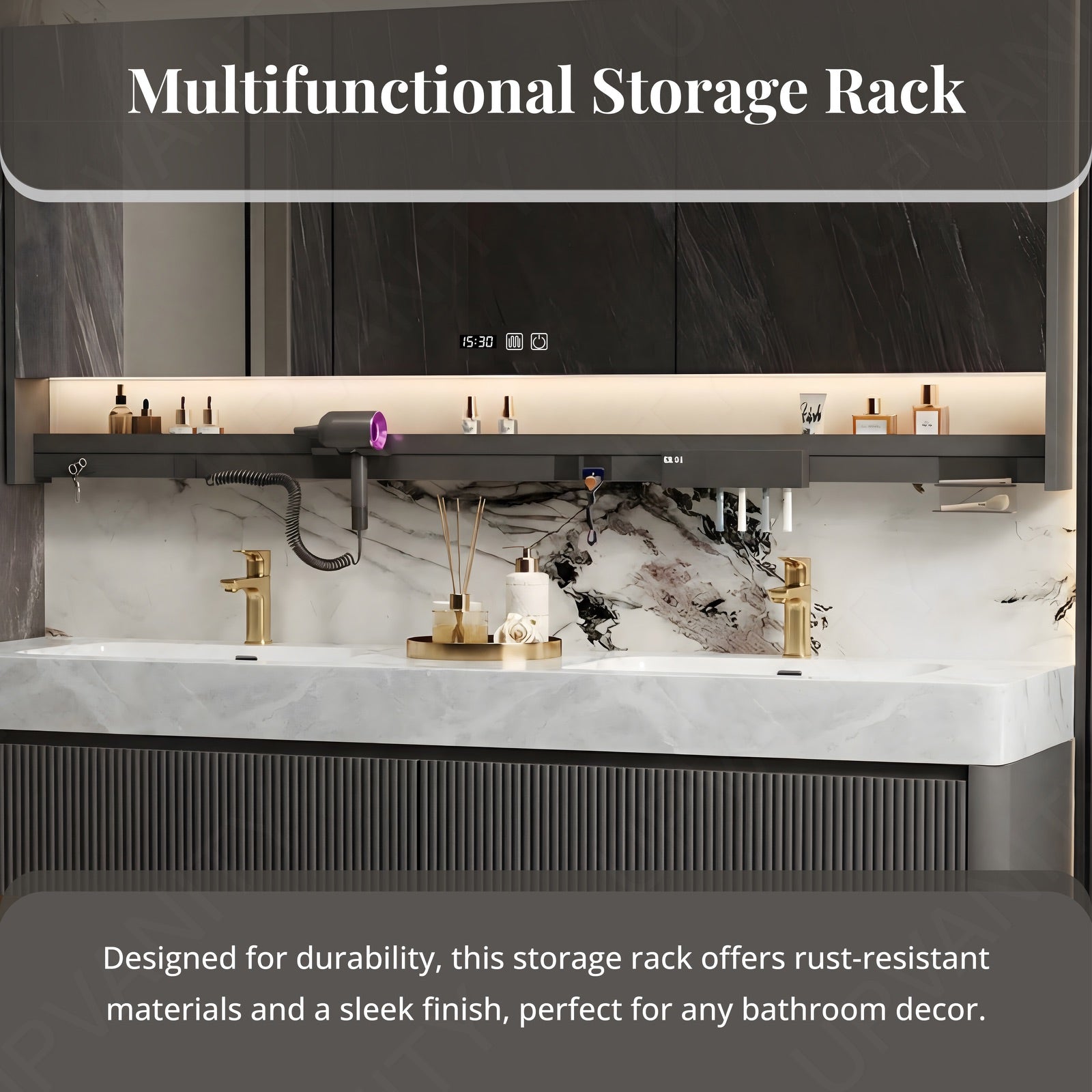 Modern Bath Vanity Set, Gray, Marble Textured Top, Striped Panels, 36"- 78", Double, Floating, Smart LED Mirror, Rear Cabinet, Storage Rack
