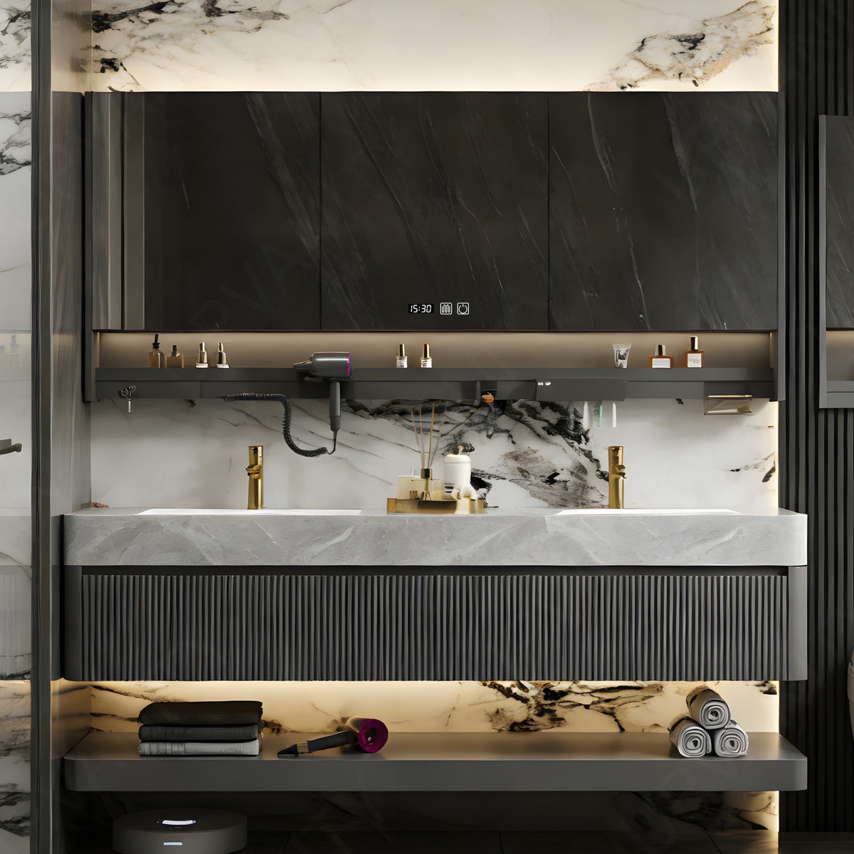 Modern Bath Vanity Set, Gray, Marble Textured Top, Striped Panels, 36"- 78", Double, Floating, Smart LED Mirror, Rear Cabinet, Storage Rack