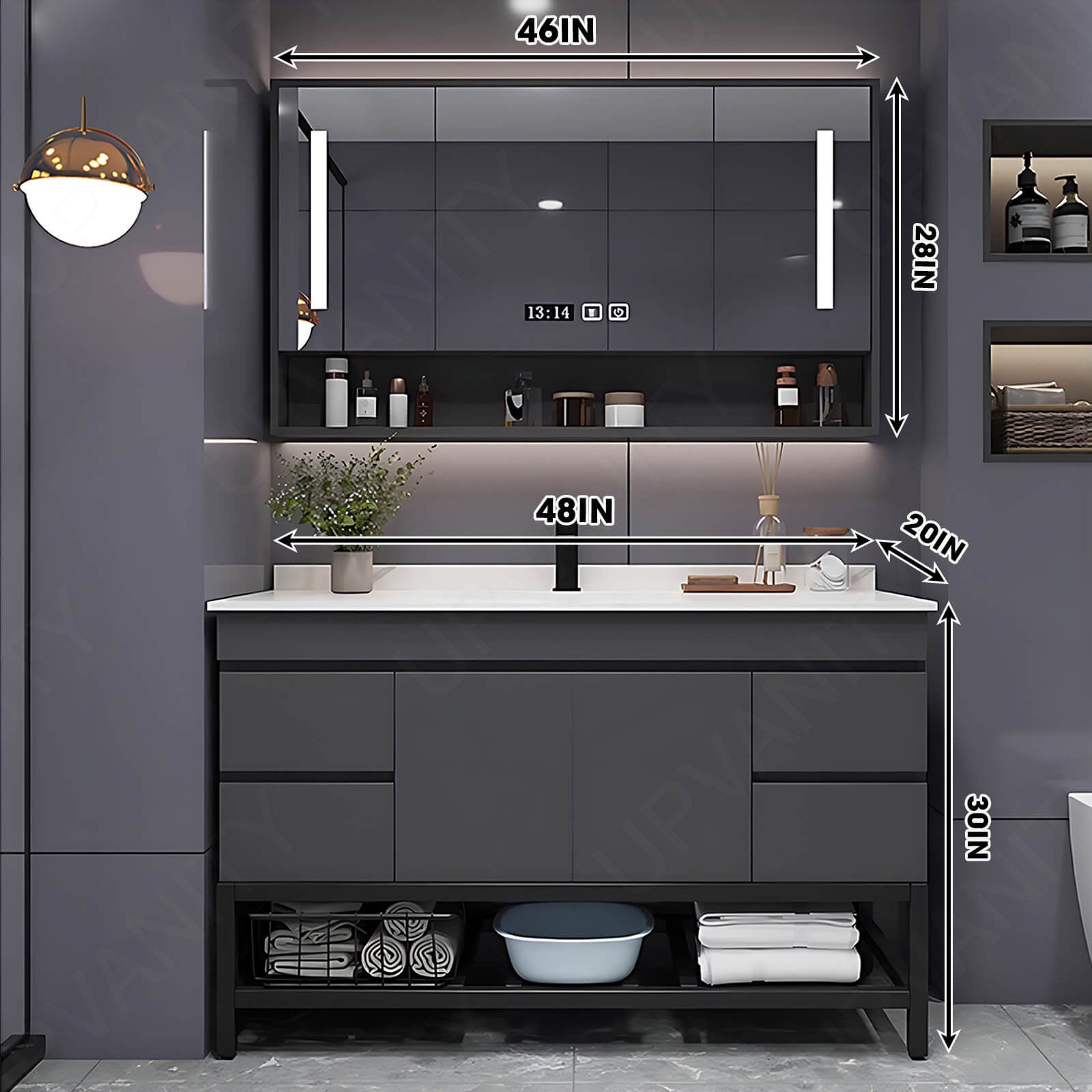 Modern Bath Vanity Set, Gray, Open Storage, 24"- 48", Single, Freestanding, Smart LED Mirror, Rear Cabinet