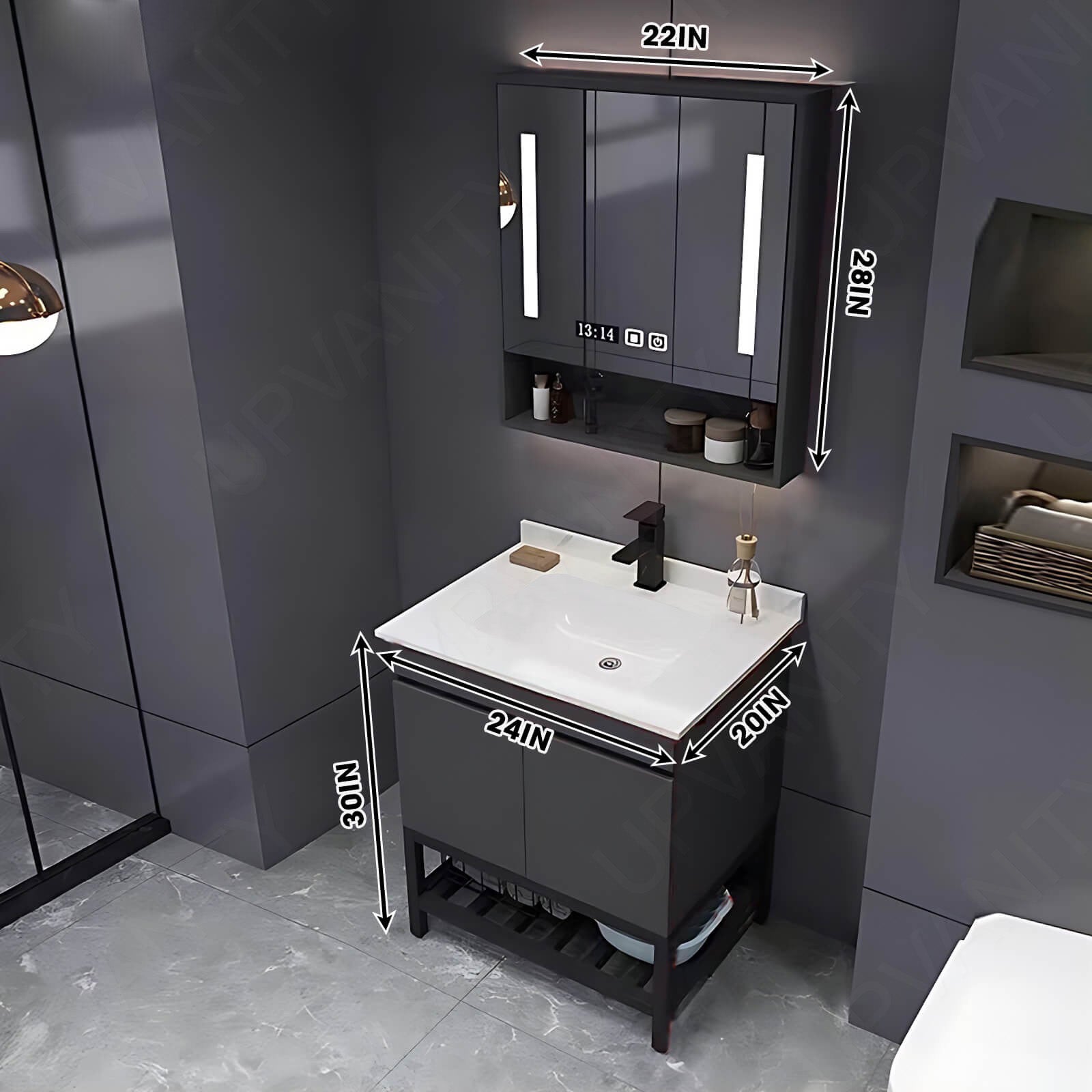 Modern Bath Vanity Set, Gray, Open Storage, 24"- 48", Single, Freestanding, Smart LED Mirror, Rear Cabinet