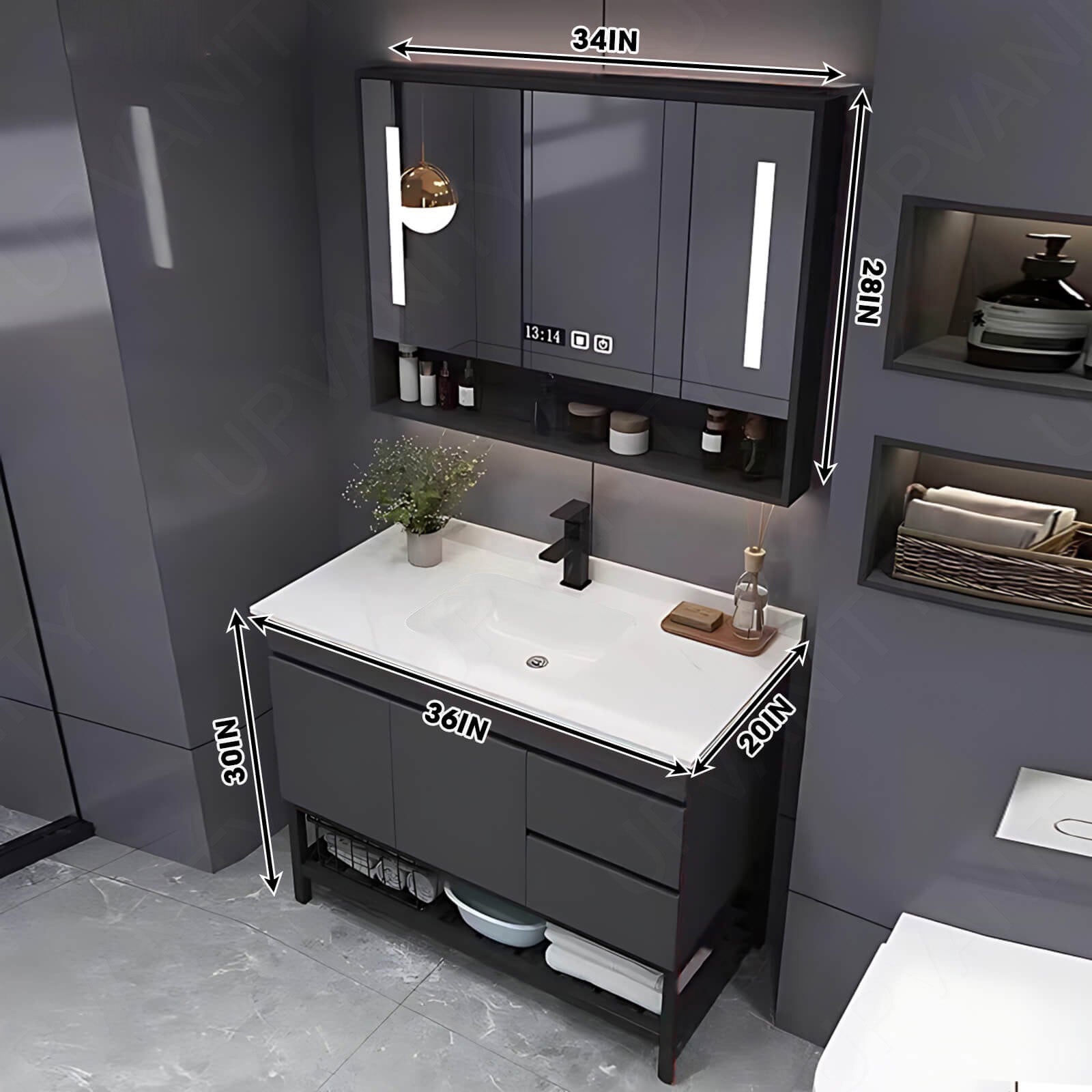 Modern Bath Vanity Set, Gray, Open Storage, 24"- 48", Single, Freestanding, Smart LED Mirror, Rear Cabinet