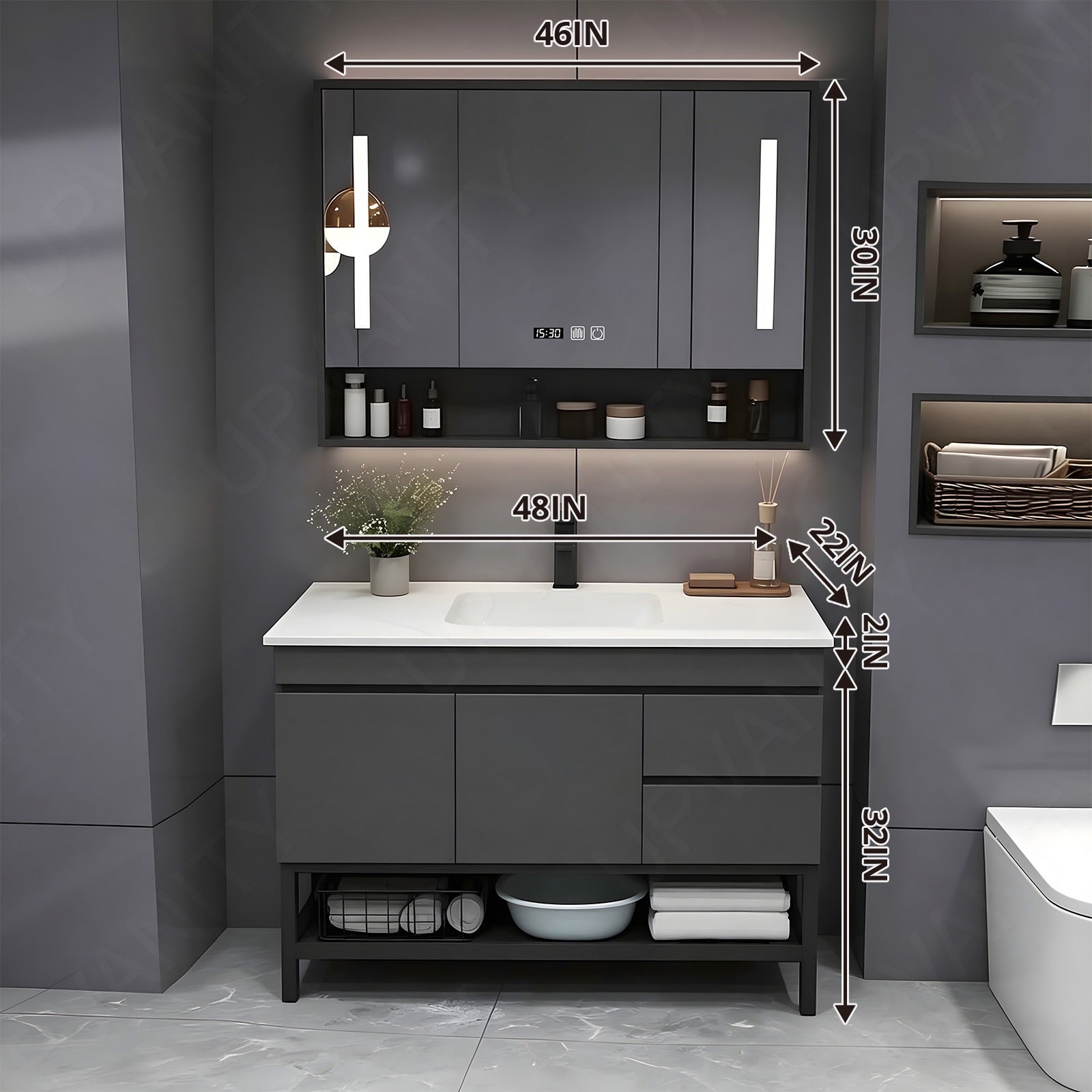 Modern Bath Vanity Set, Gray, Open Storage, 24"- 64", Single, Freestanding, Smart LED Mirror, Rear Cabinet