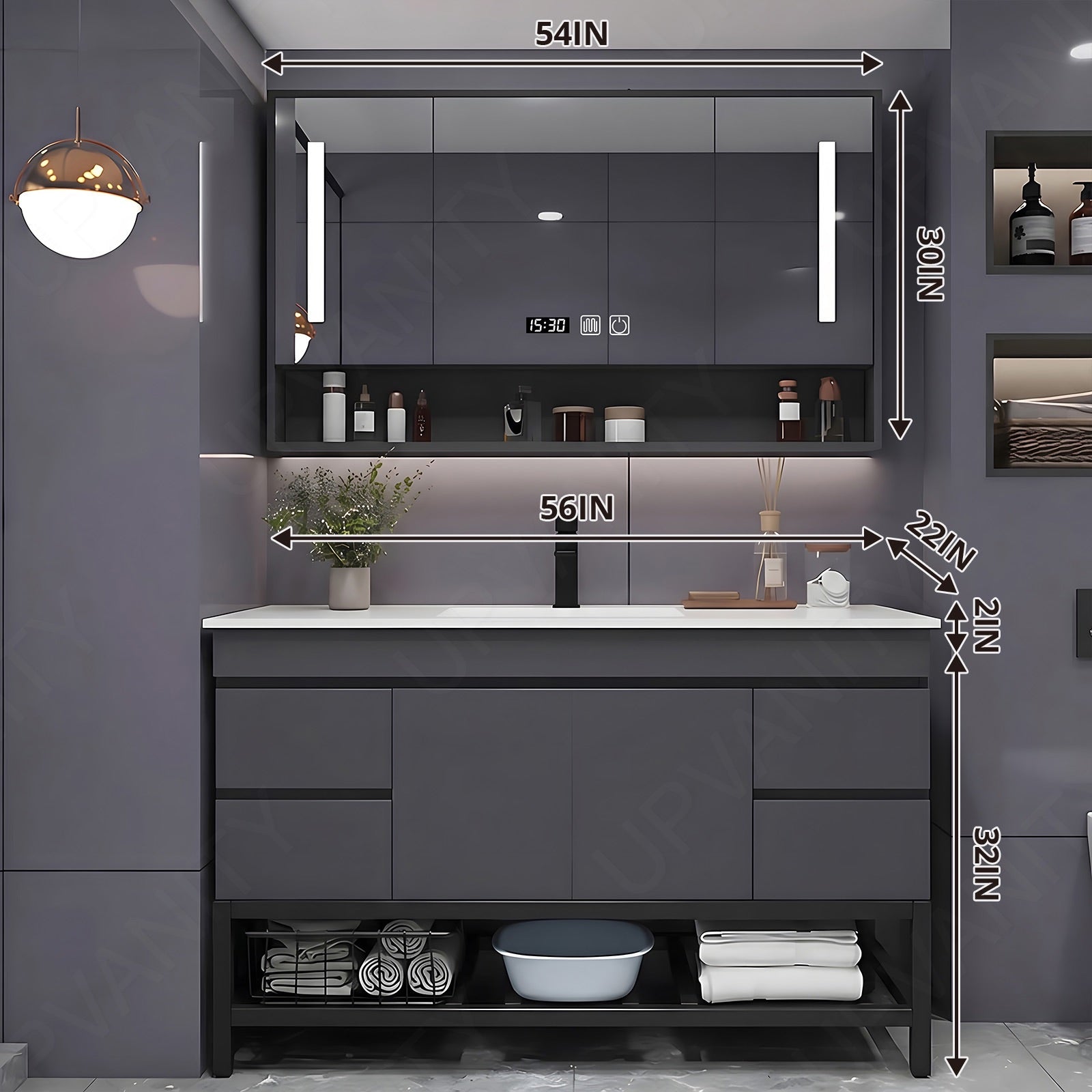 Modern Bath Vanity Set, Gray, Open Storage, 24"- 64", Single, Freestanding, Smart LED Mirror, Rear Cabinet