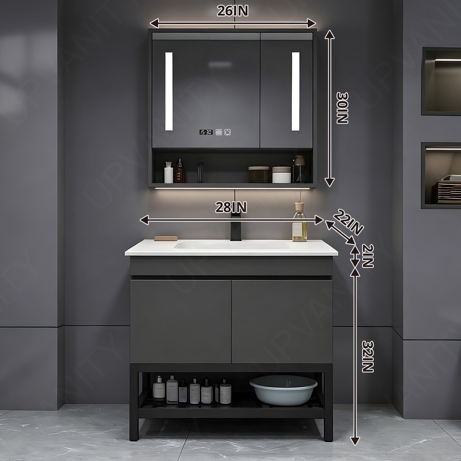 Modern Bath Vanity Set, Gray, Open Storage, 24"- 64", Single, Freestanding, Smart LED Mirror, Rear Cabinet