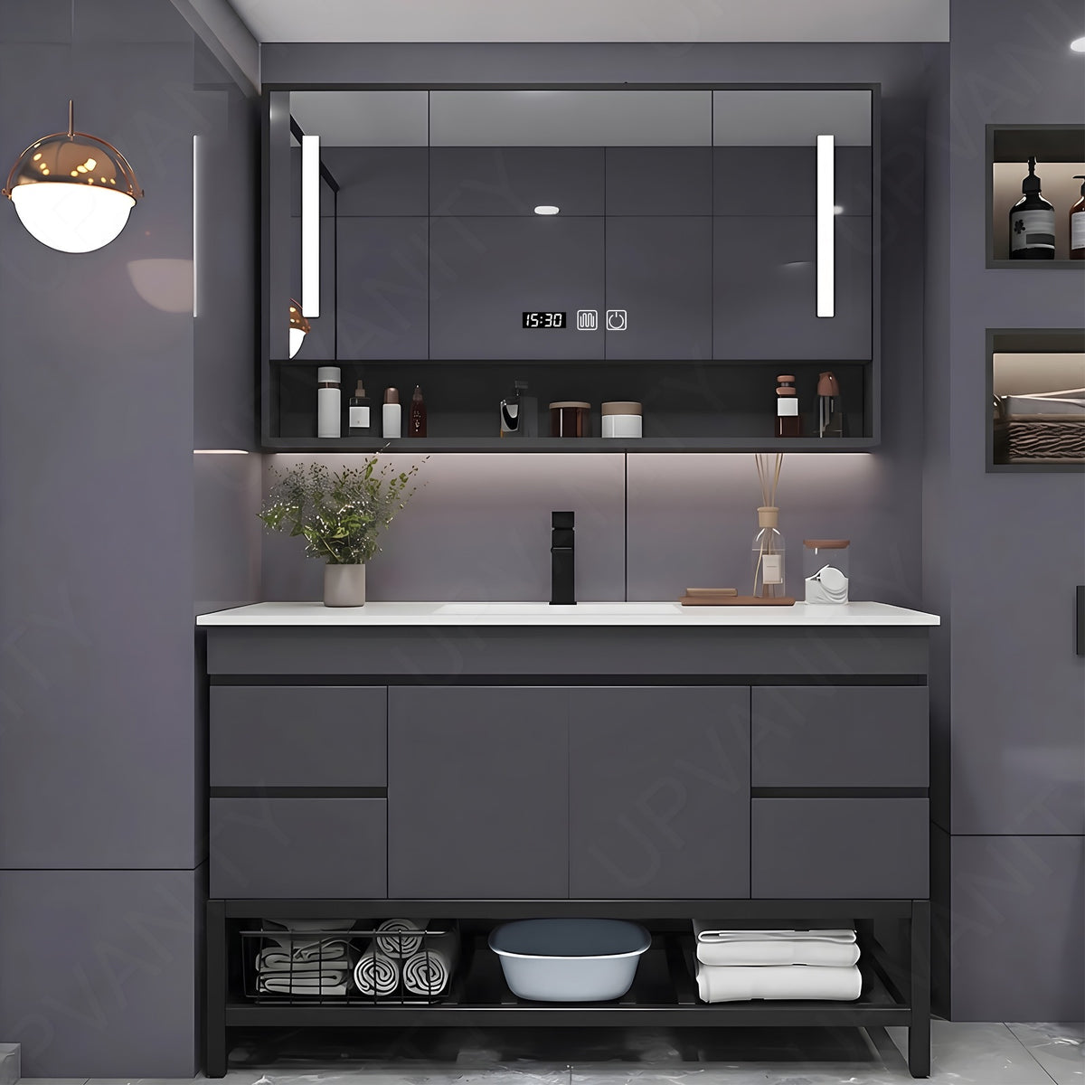 Modern Bath Vanity Set, Gray, Open Storage, 24"- 64", Single, Freestanding, Smart LED Mirror, Rear Cabinet