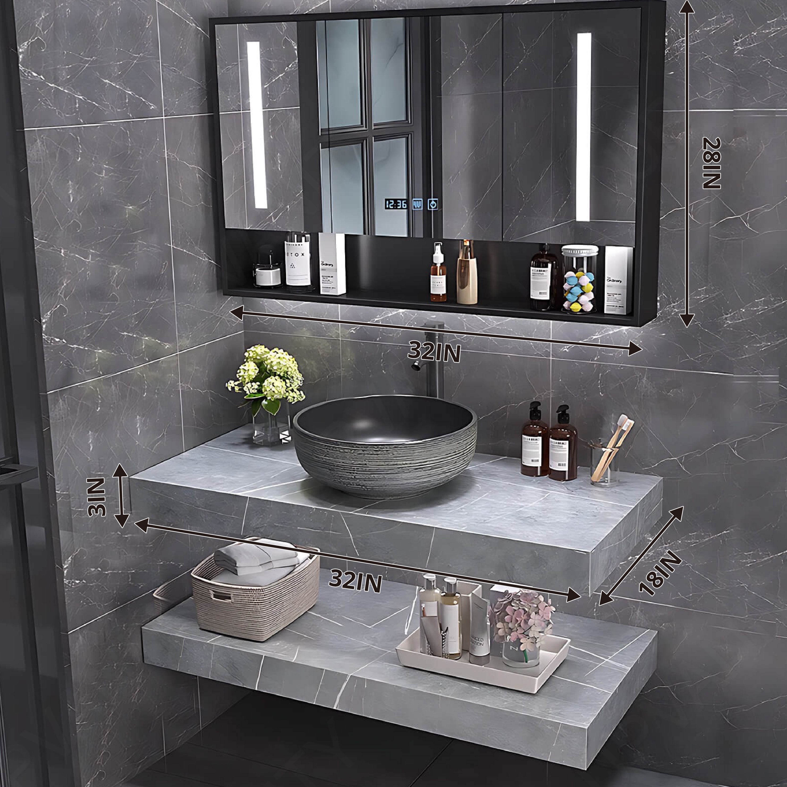 Modern Bath Vanity Set, Gray, Open Storage, 32"-40", Single Vessel Sink, Floating, Smart LED Mirror, Rear Cabinet