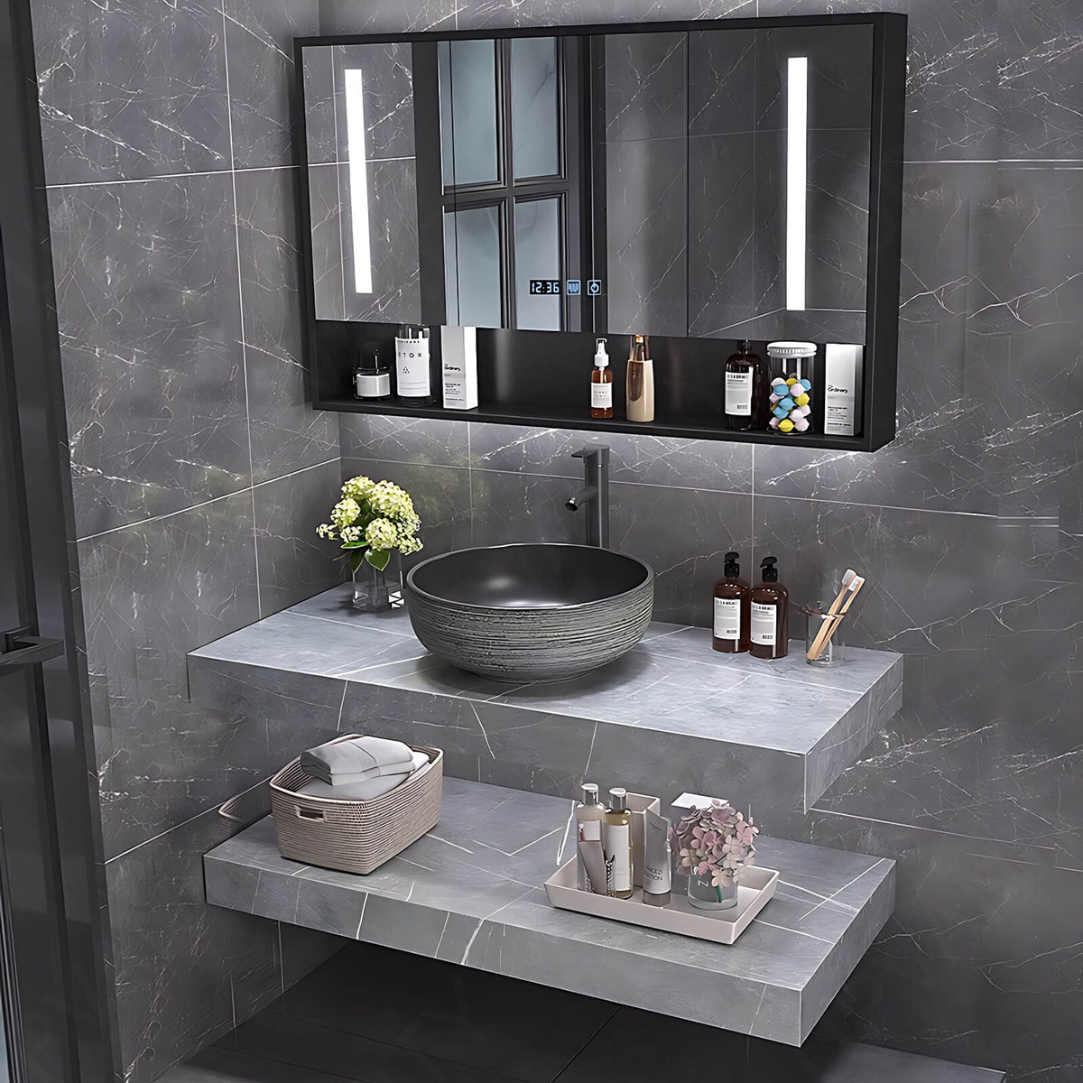 Modern Bath Vanity Set, Gray, Open Storage, 32"-40", Single Vessel Sink, Floating, Smart LED Mirror, Rear Cabinet